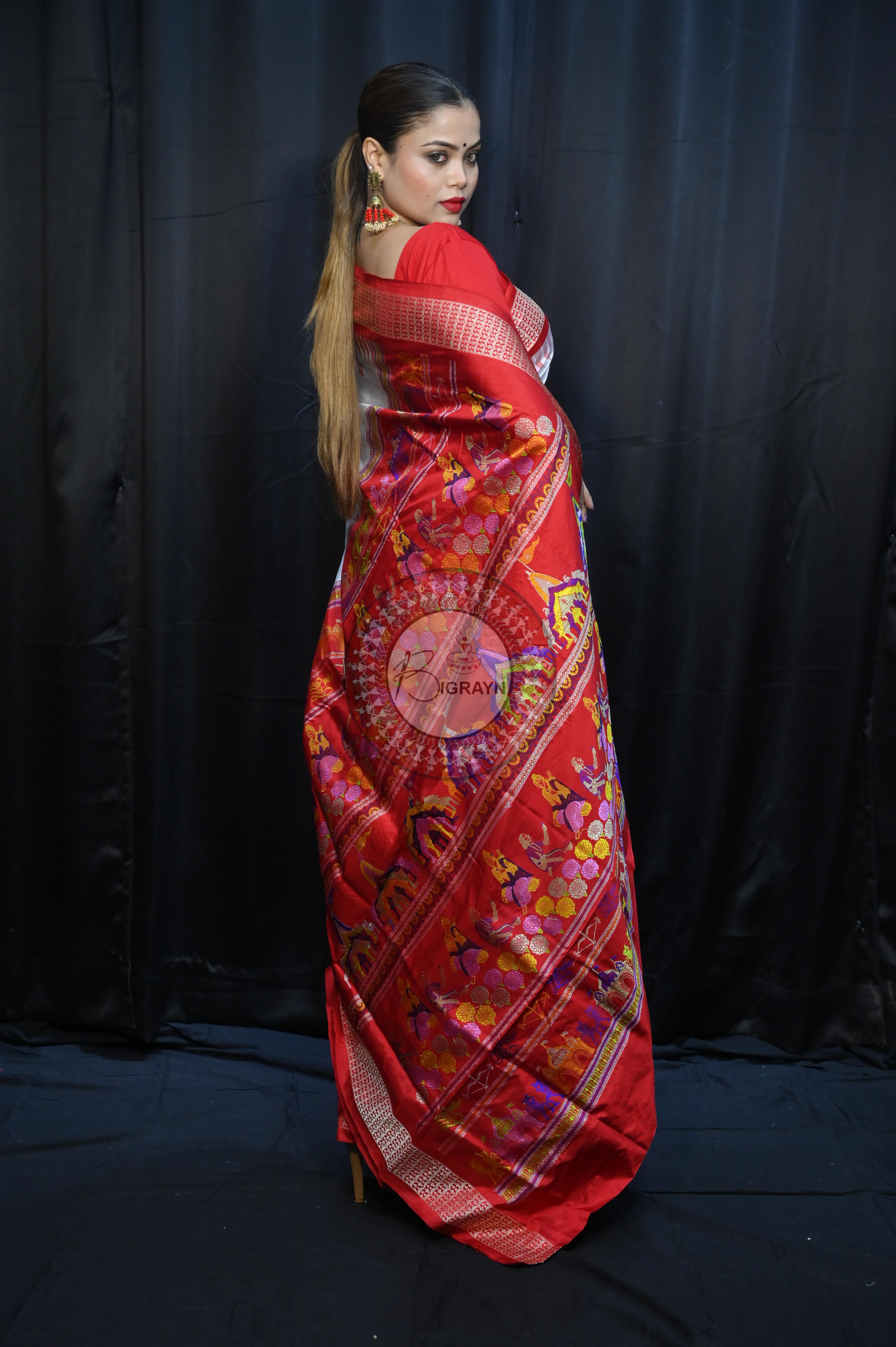 White Red Sri Ram Exclusive Sambalpuri Silk Saree