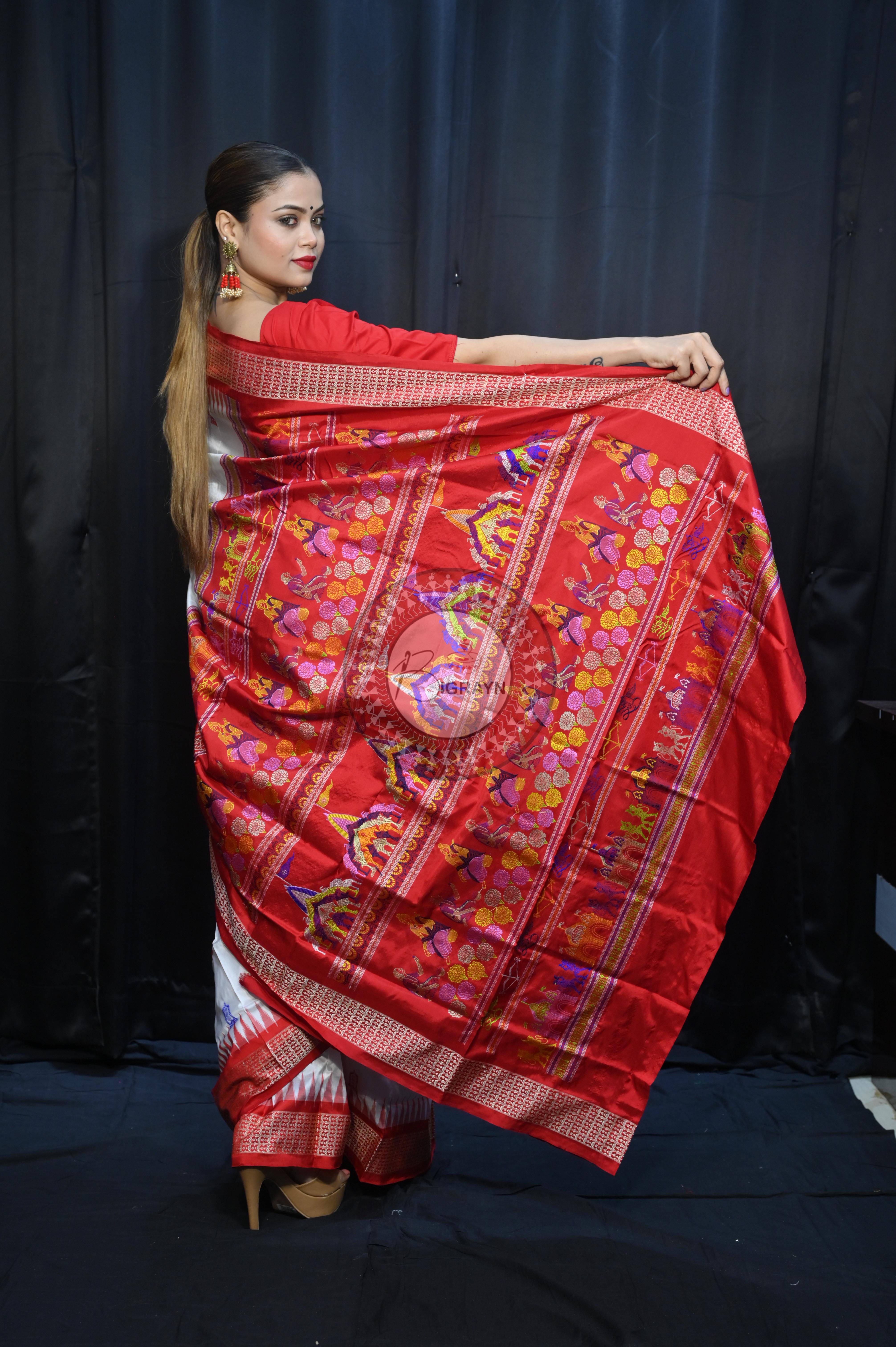 White Red Sri Ram Exclusive Sambalpuri Silk Saree