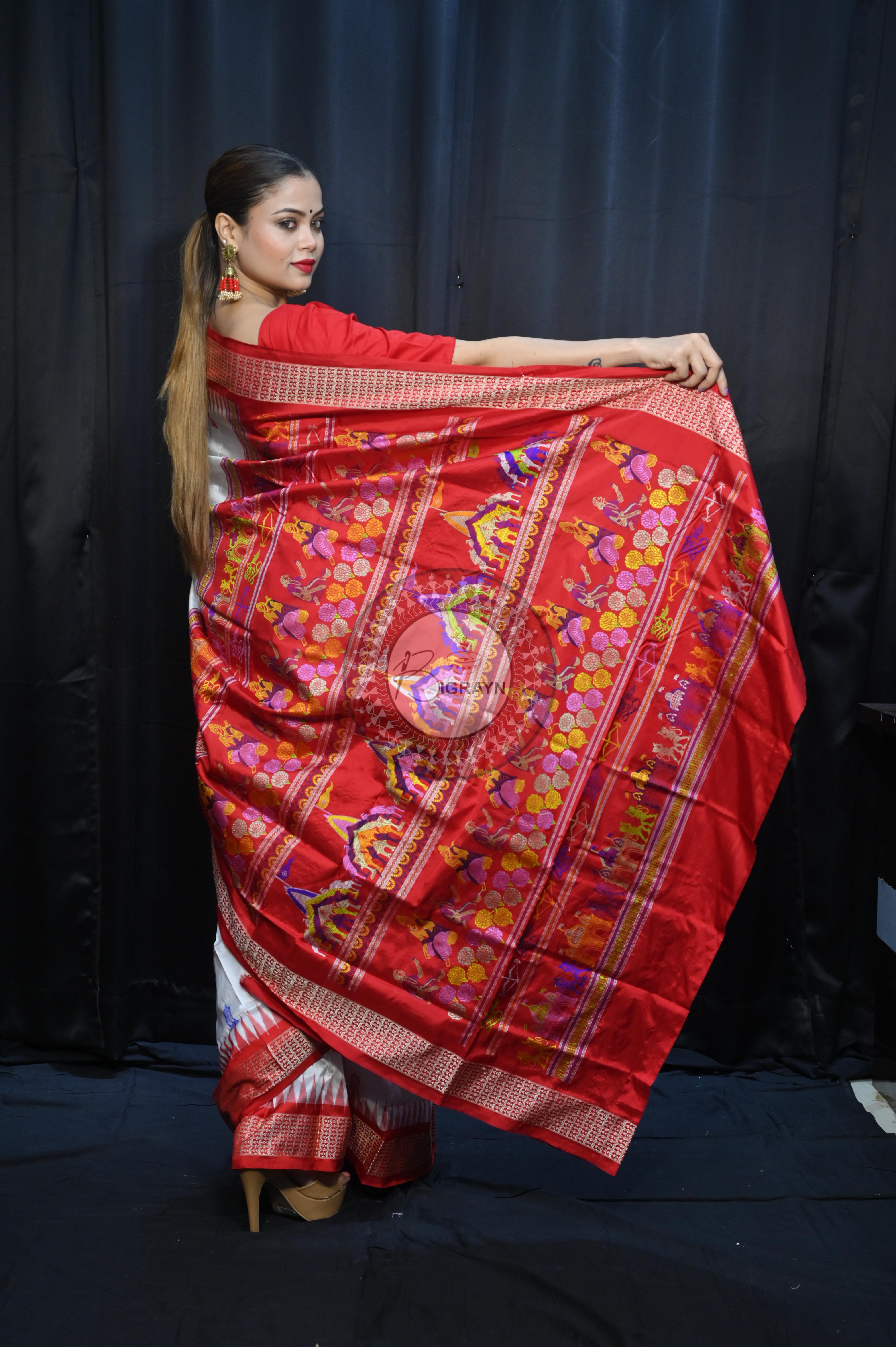 White Red Sri Ram Exclusive Sambalpuri Silk Saree