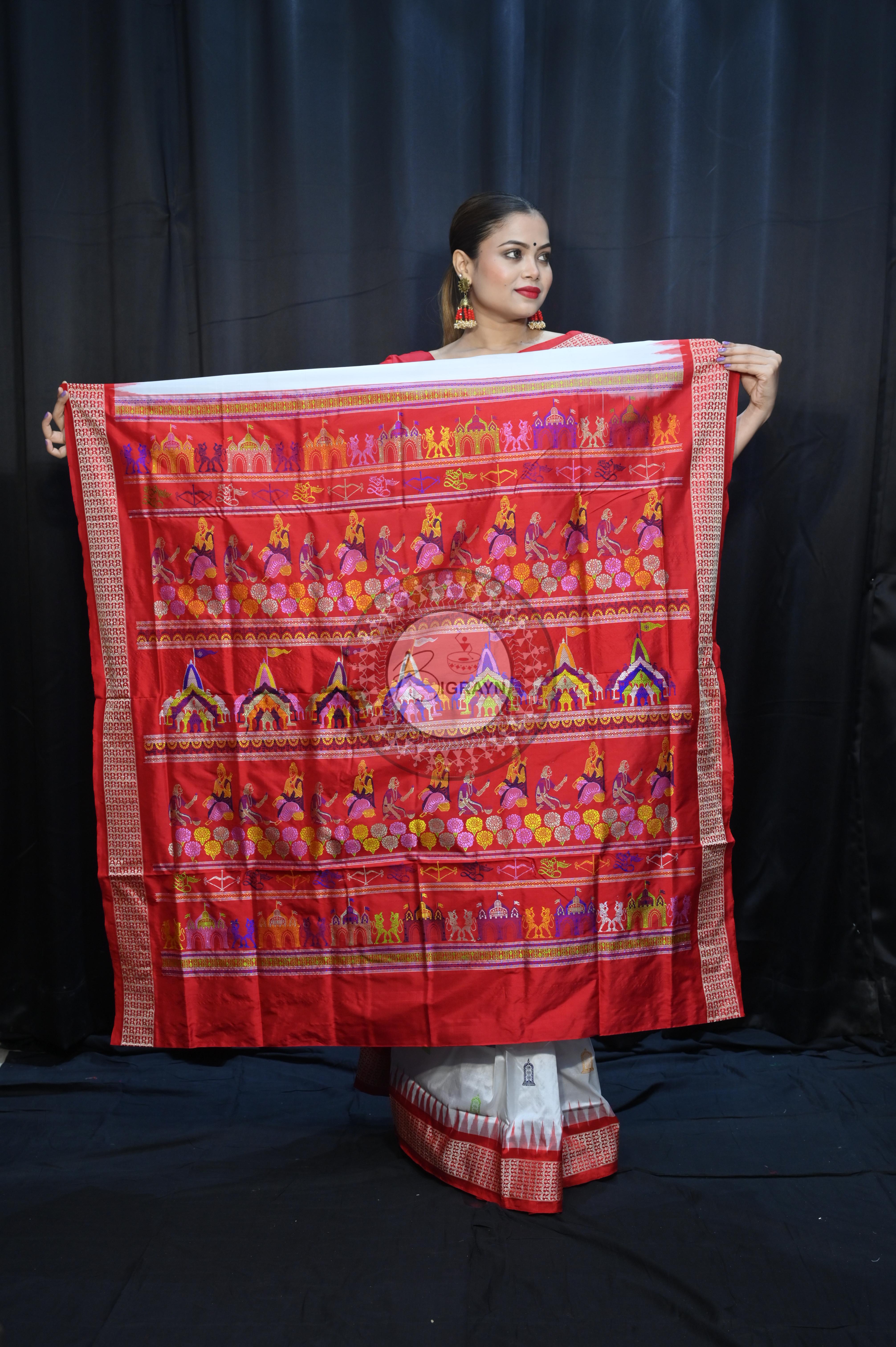 White Red Sri Ram Exclusive Sambalpuri Silk Saree