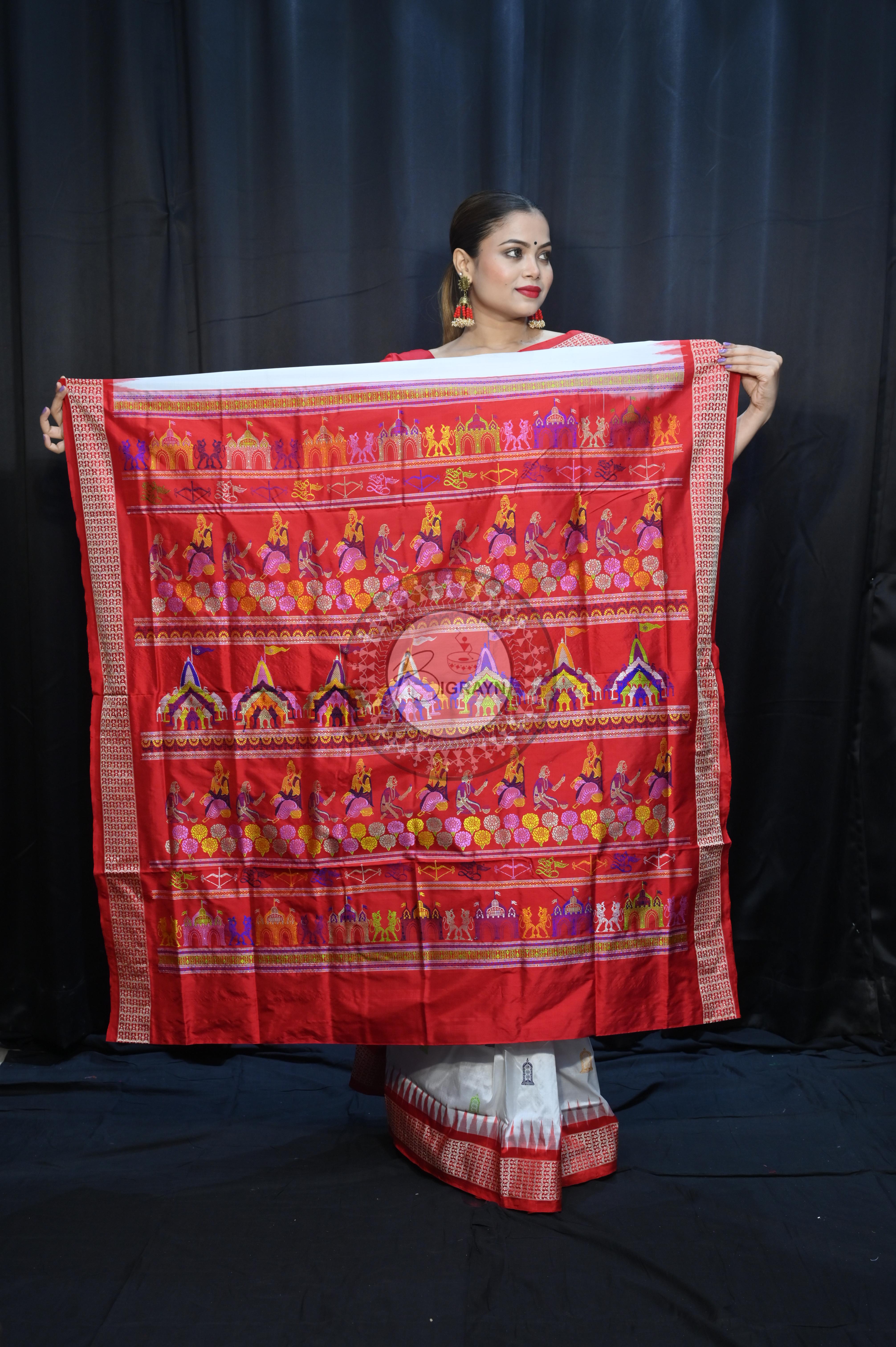 White Red Sri Ram Exclusive Sambalpuri Silk Saree