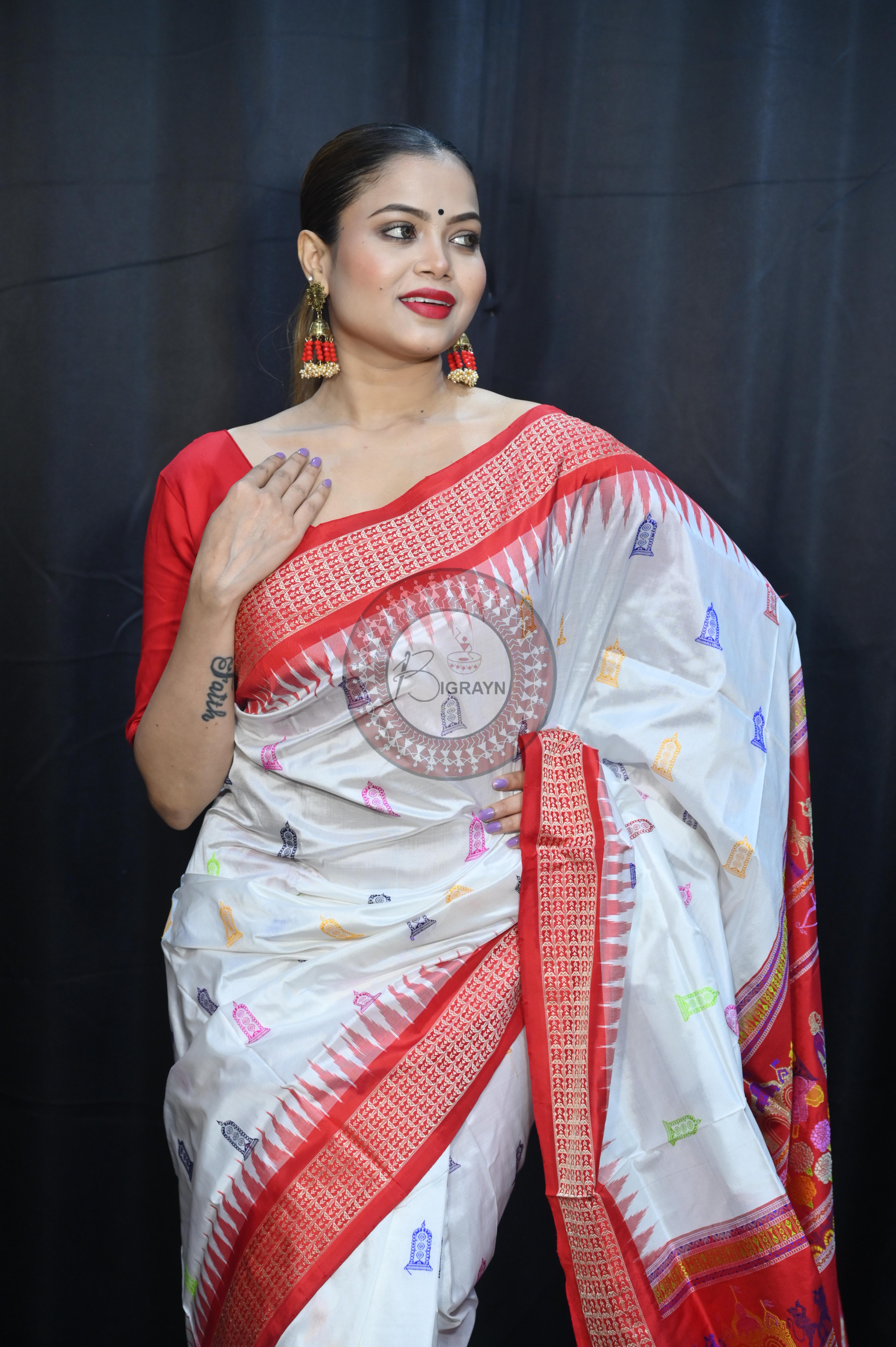 White Red Sri Ram Exclusive Sambalpuri Silk Saree
