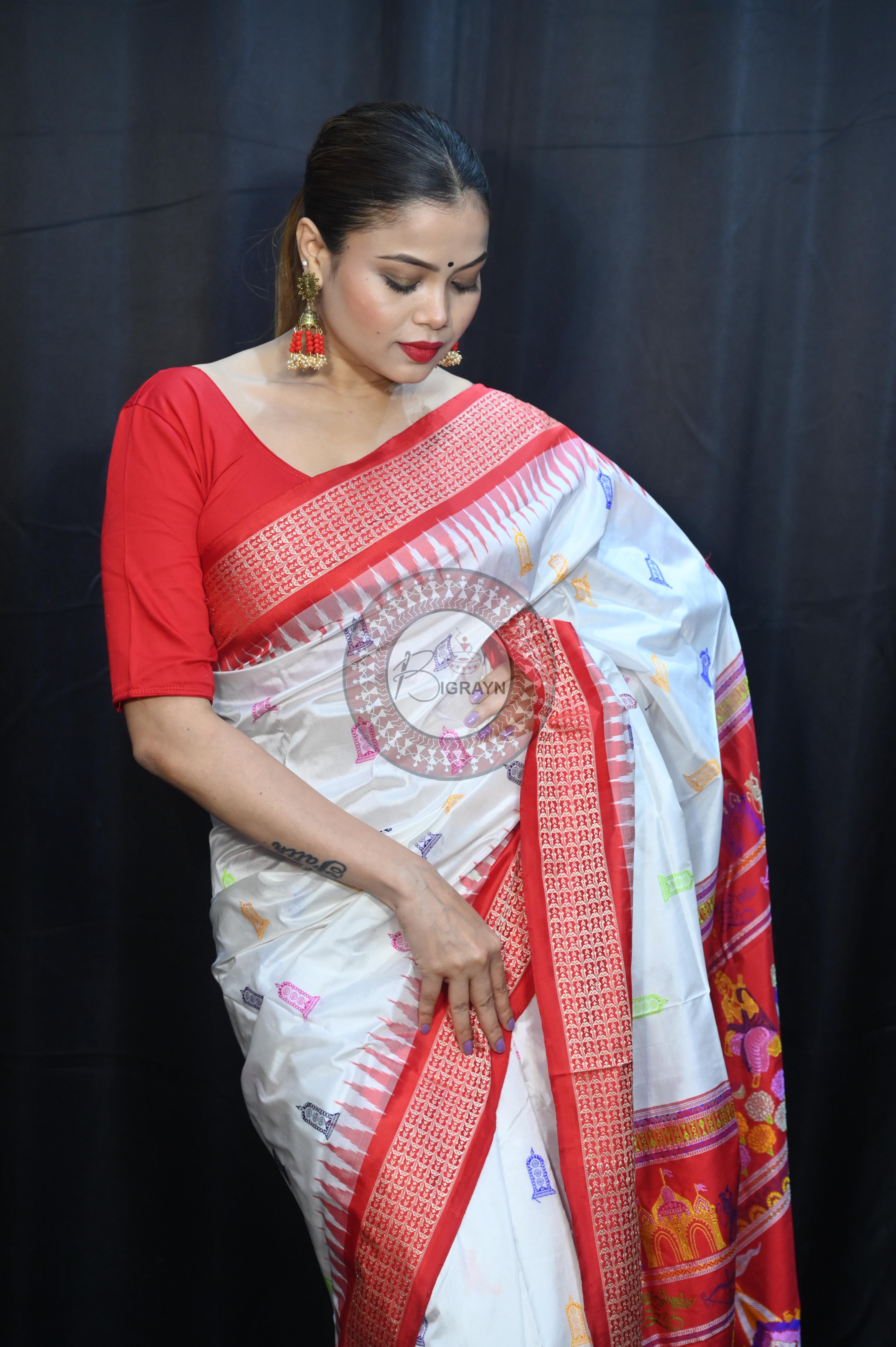 White Red Sri Ram Exclusive Sambalpuri Silk Saree