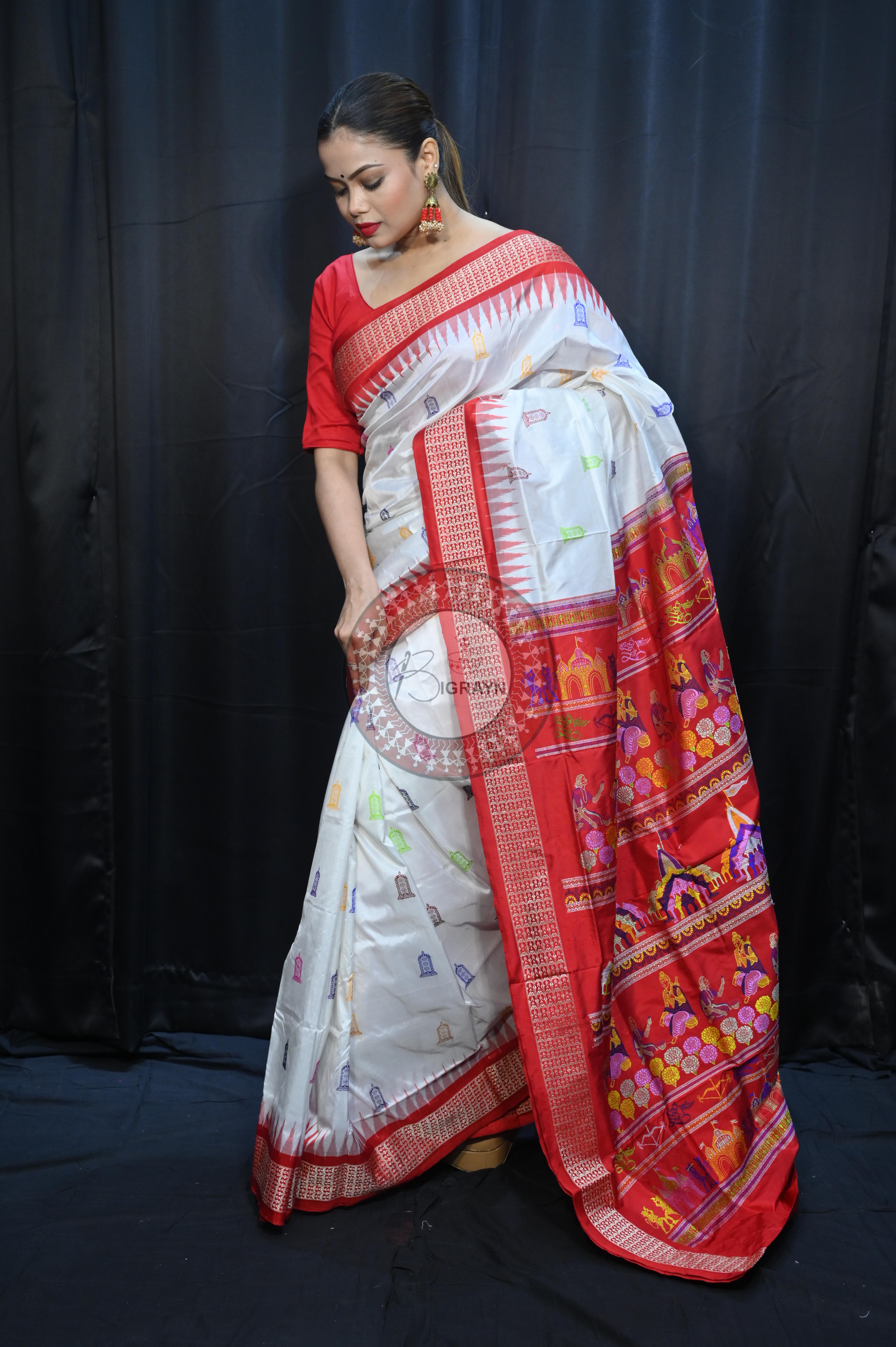 White Red Sri Ram Exclusive Sambalpuri Silk Saree