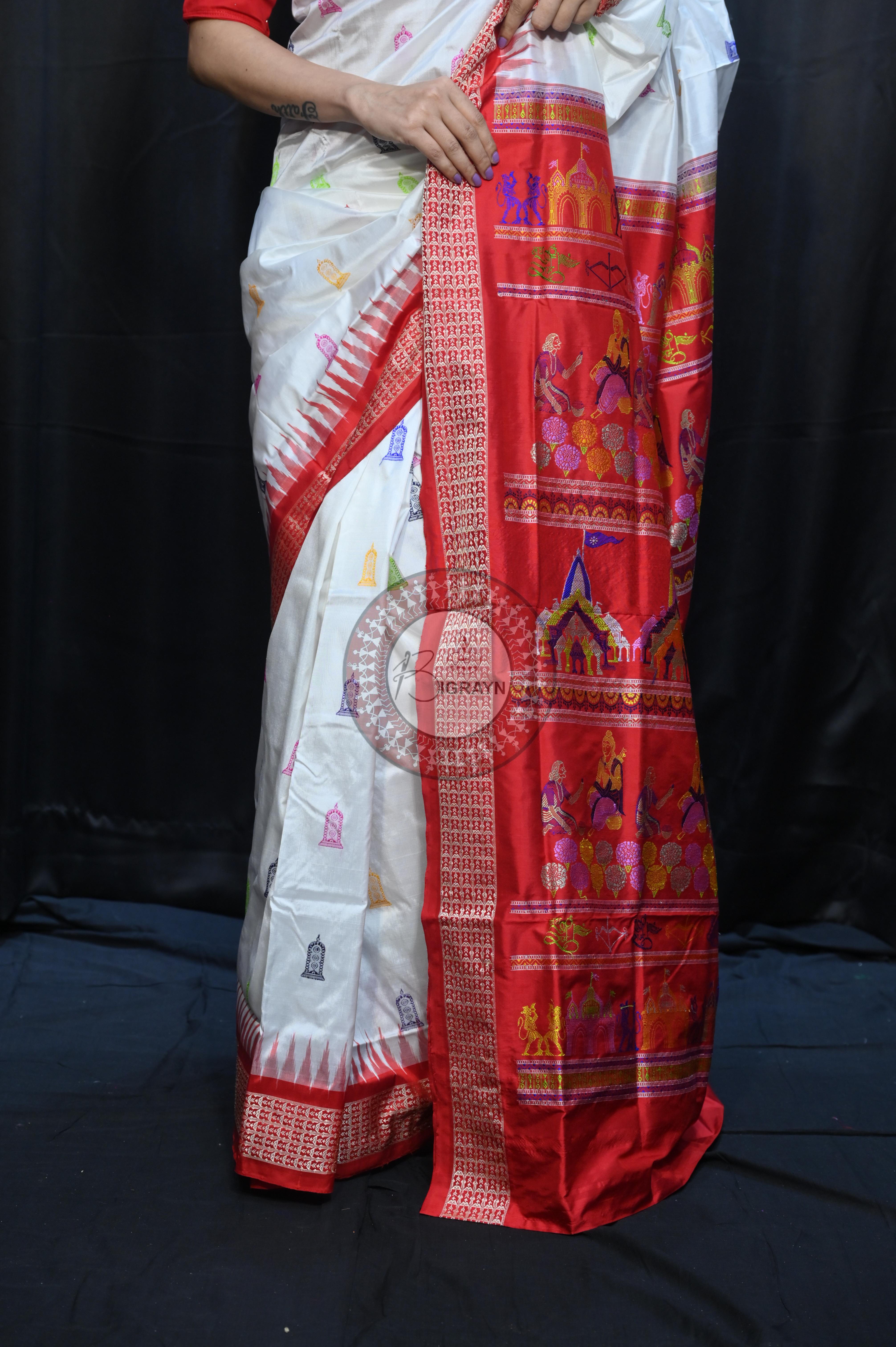White Red Sri Ram Exclusive Sambalpuri Silk Saree