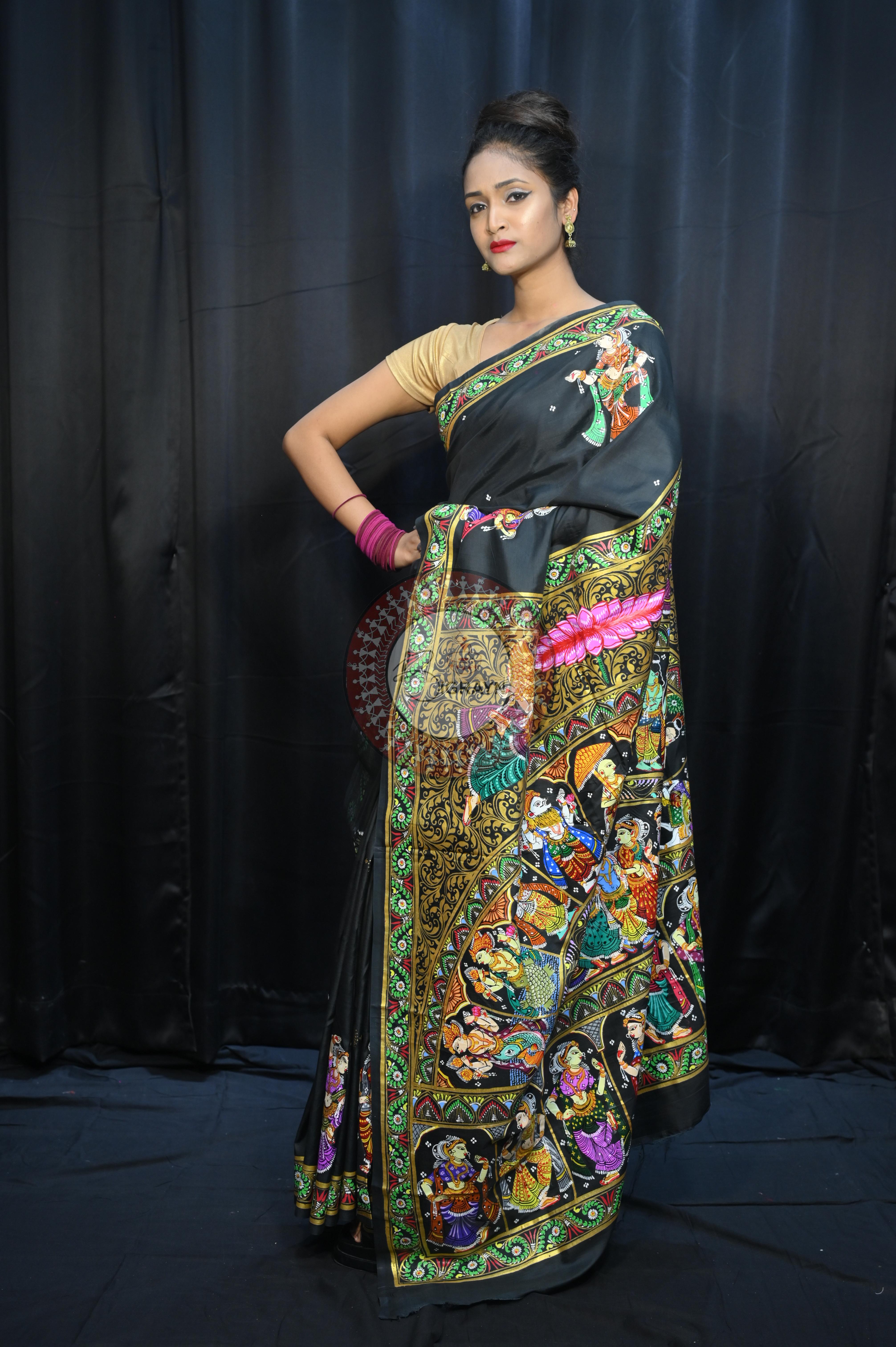 Black Dash Avatar Theme Pattachitra Khadi Silk Saree