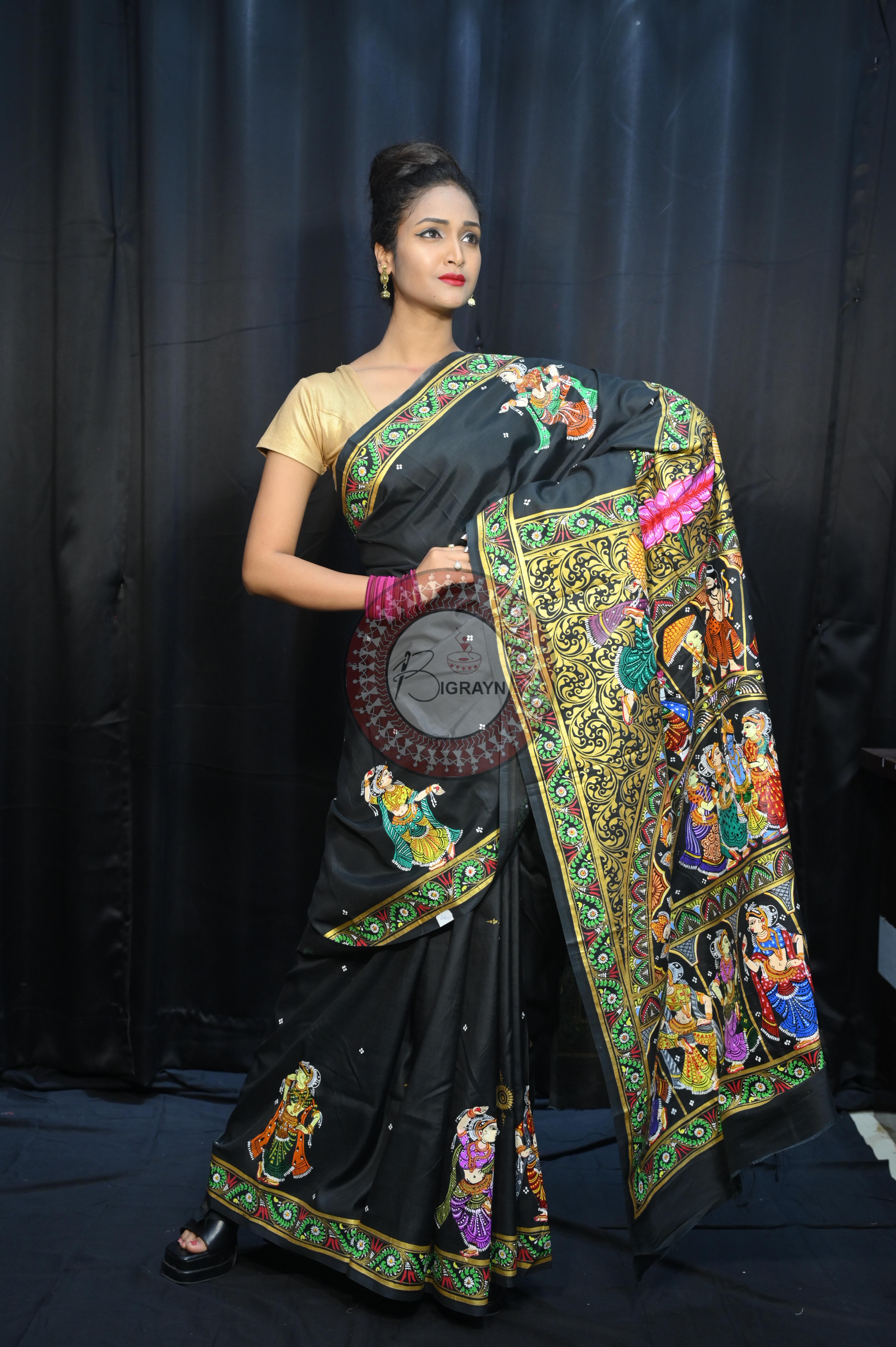 Black Dash Avatar Theme Pattachitra Khadi Silk Saree