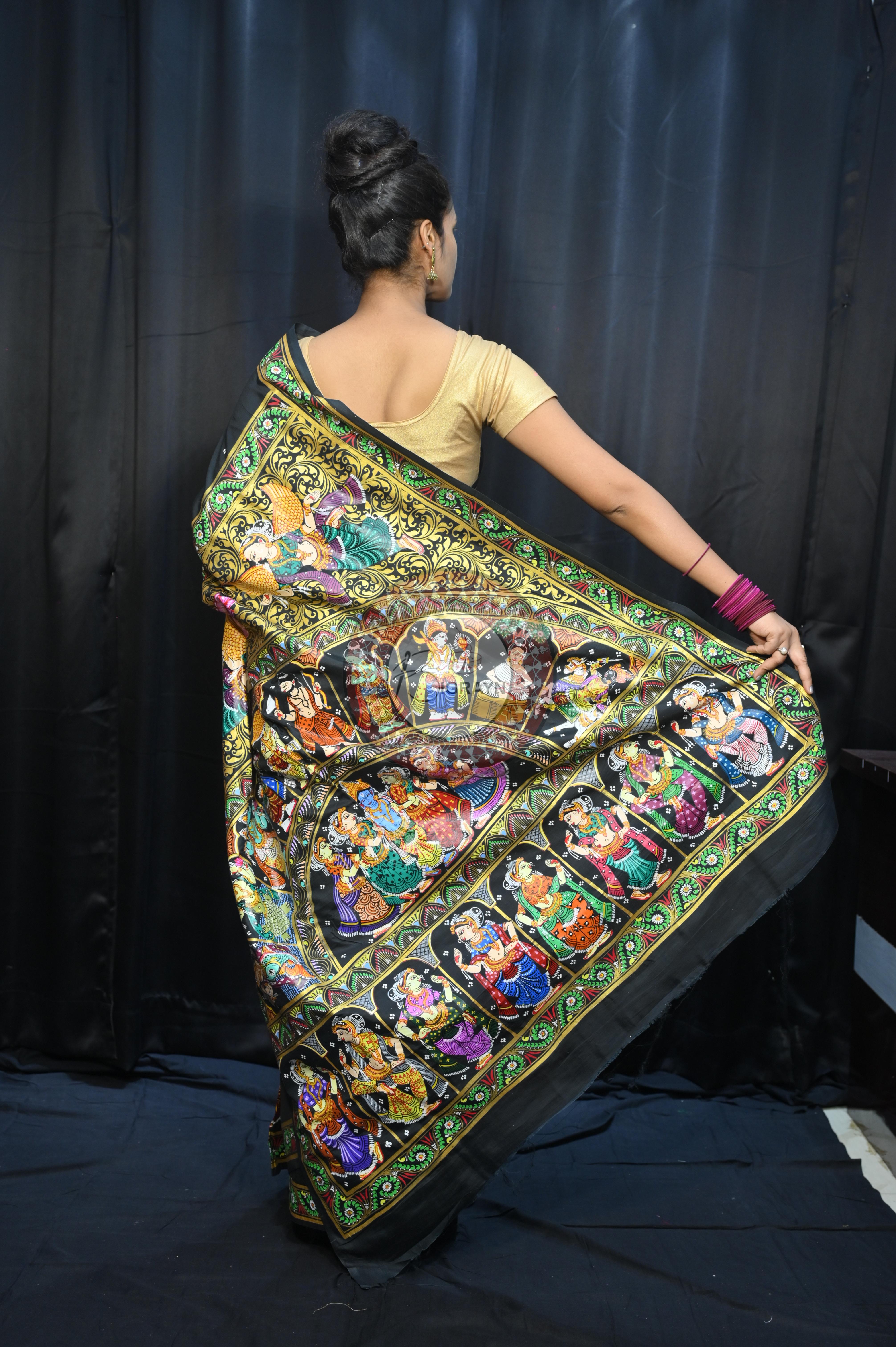 Black Dash Avatar Theme Pattachitra Khadi Silk Saree