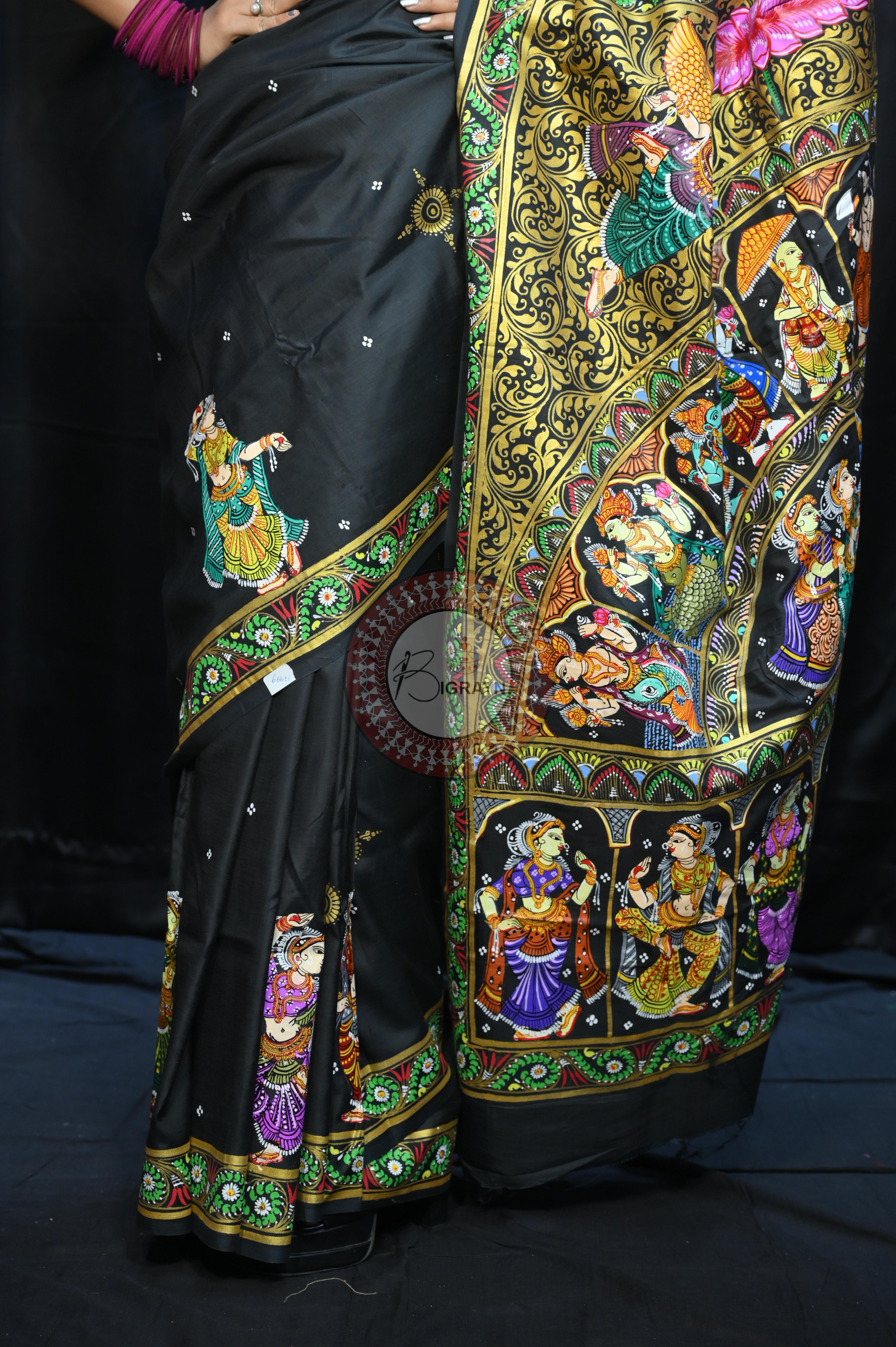 Black Dash Avatar Theme Pattachitra Khadi Silk Saree