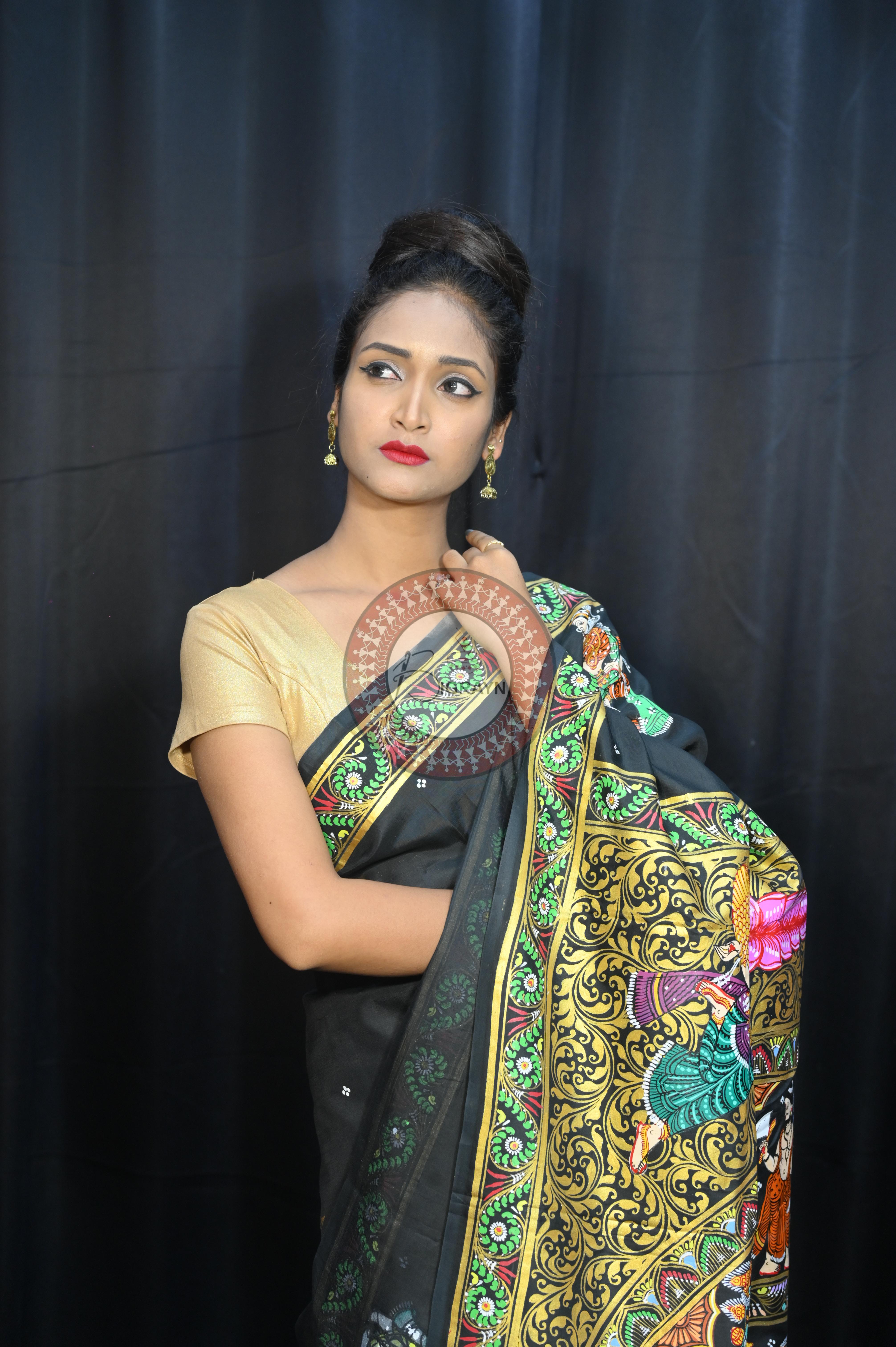 Black Dash Avatar Theme Pattachitra Khadi Silk Saree