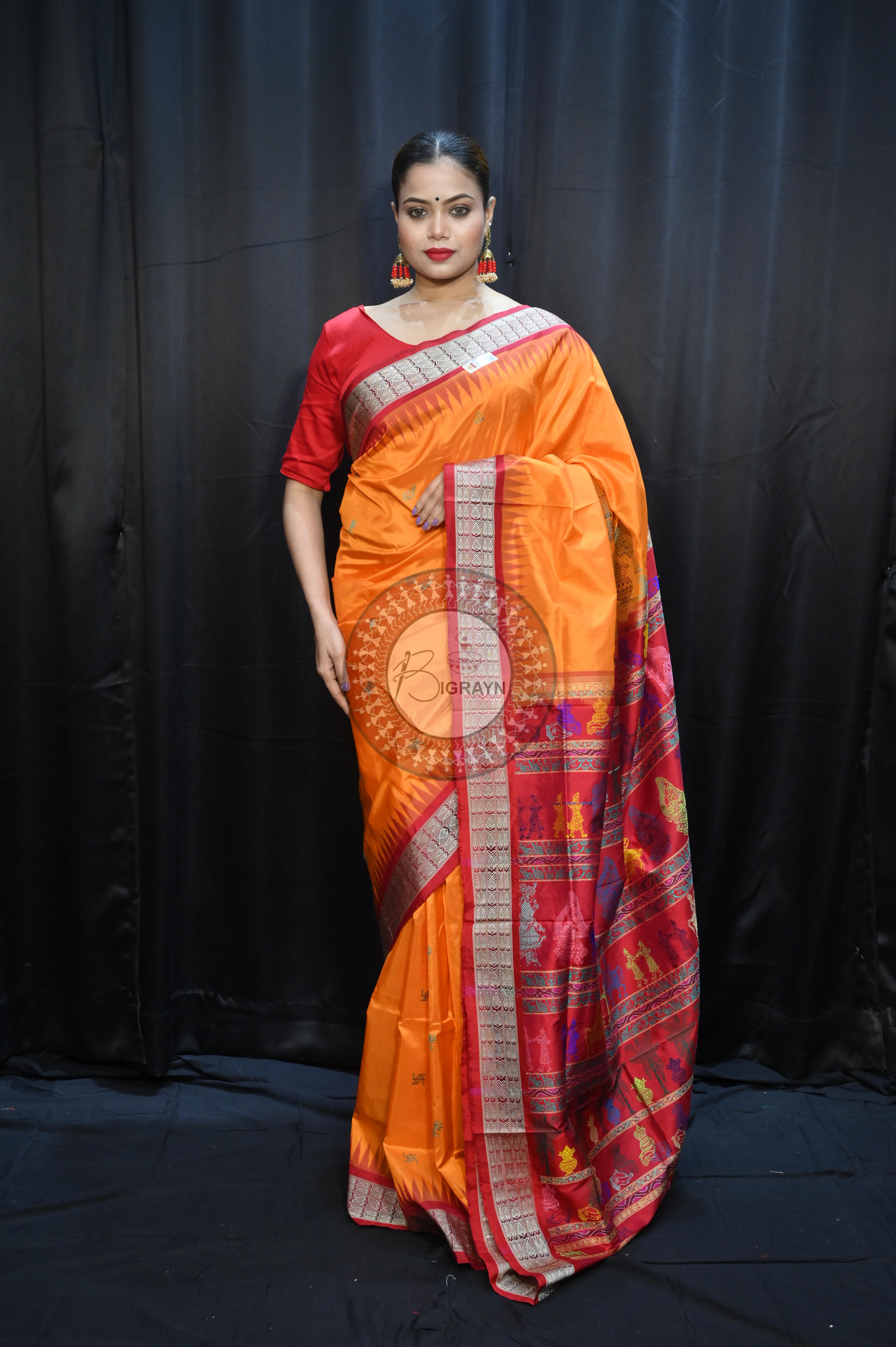 Orange Red Parinita(Marriage ) Exclusive Sambalpuri Silk Saree