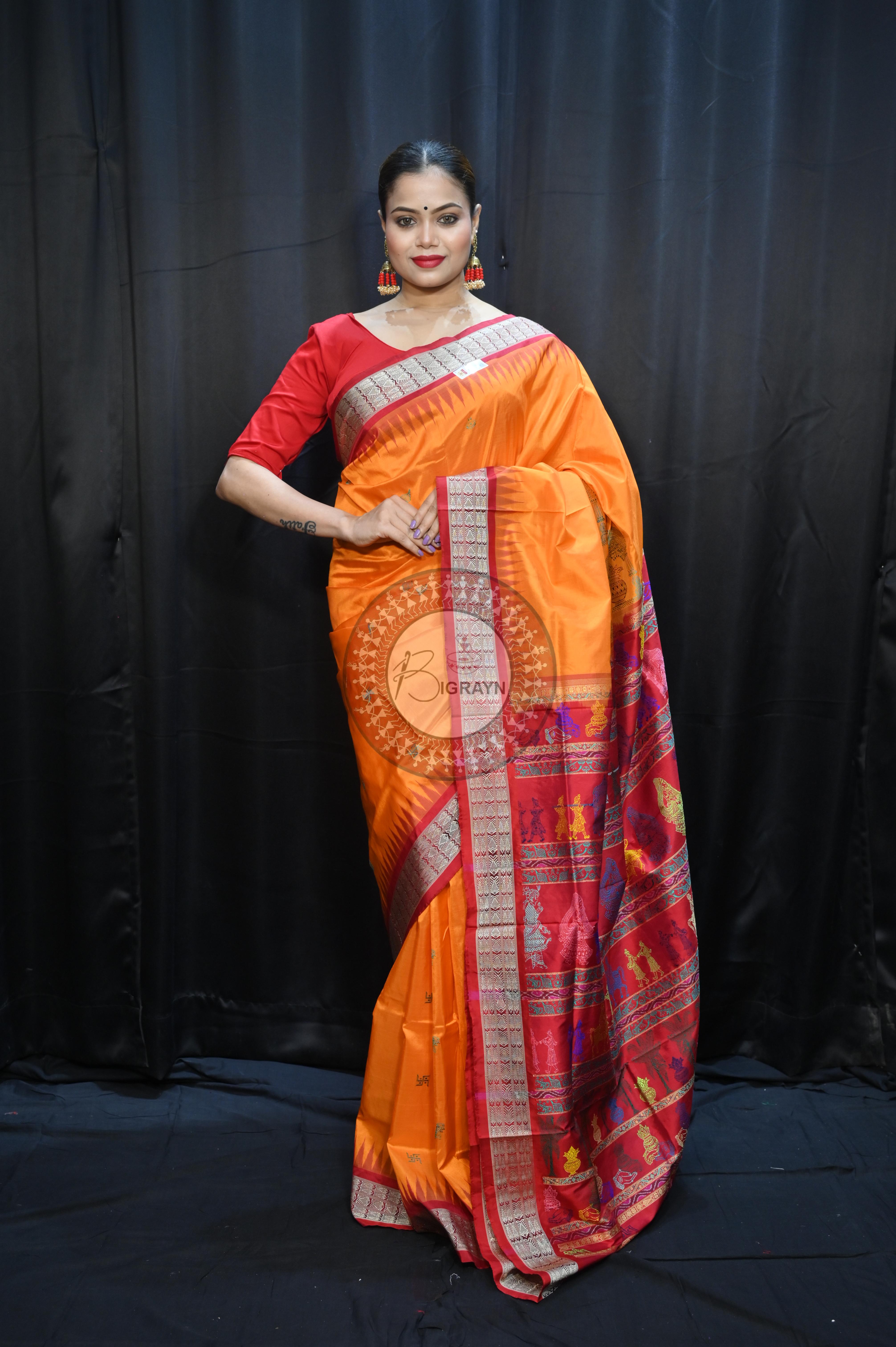 Orange Red Parinita(Marriage ) Exclusive Sambalpuri Silk Saree