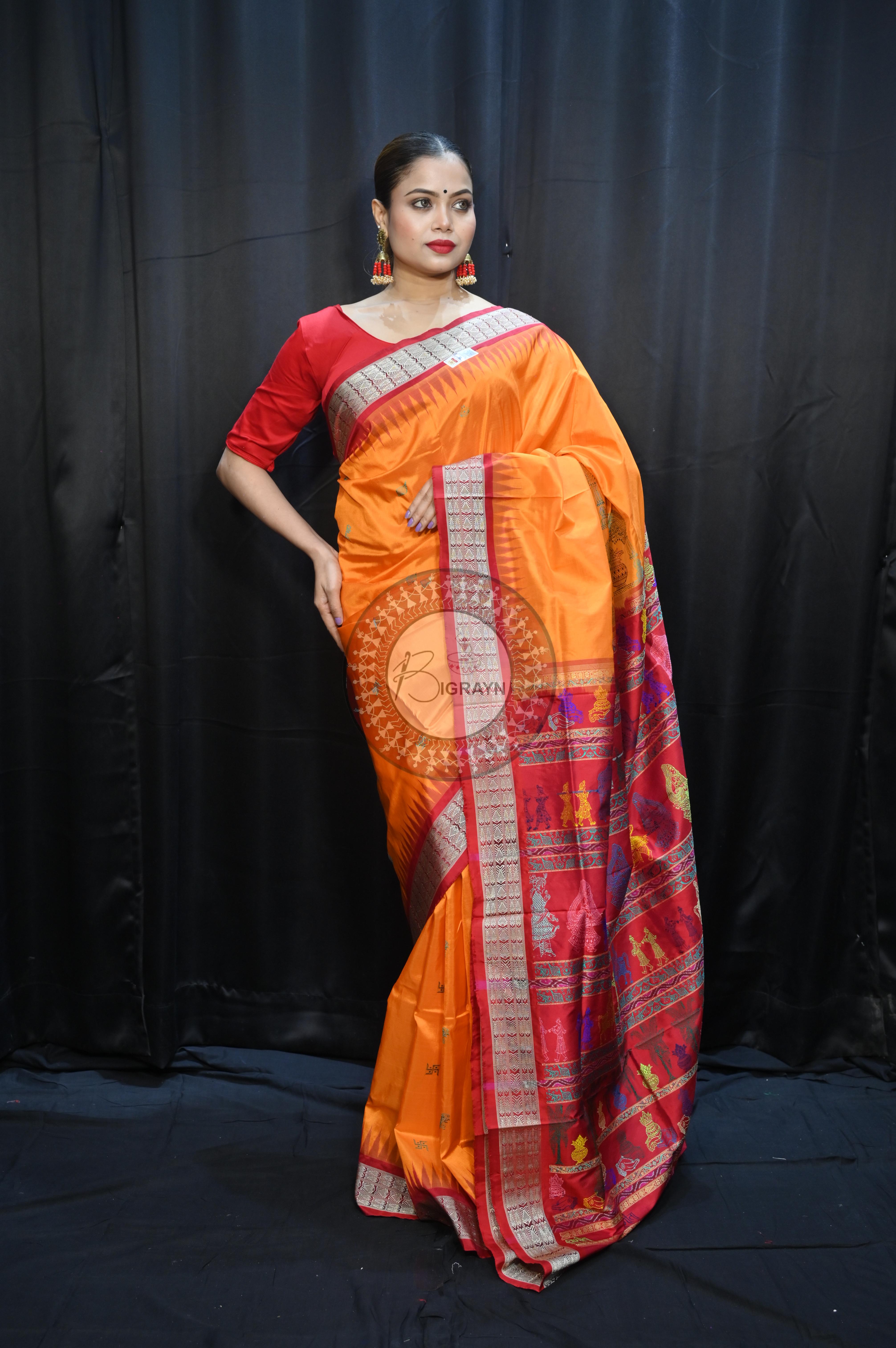Orange Red Parinita(Marriage ) Exclusive Sambalpuri Silk Saree