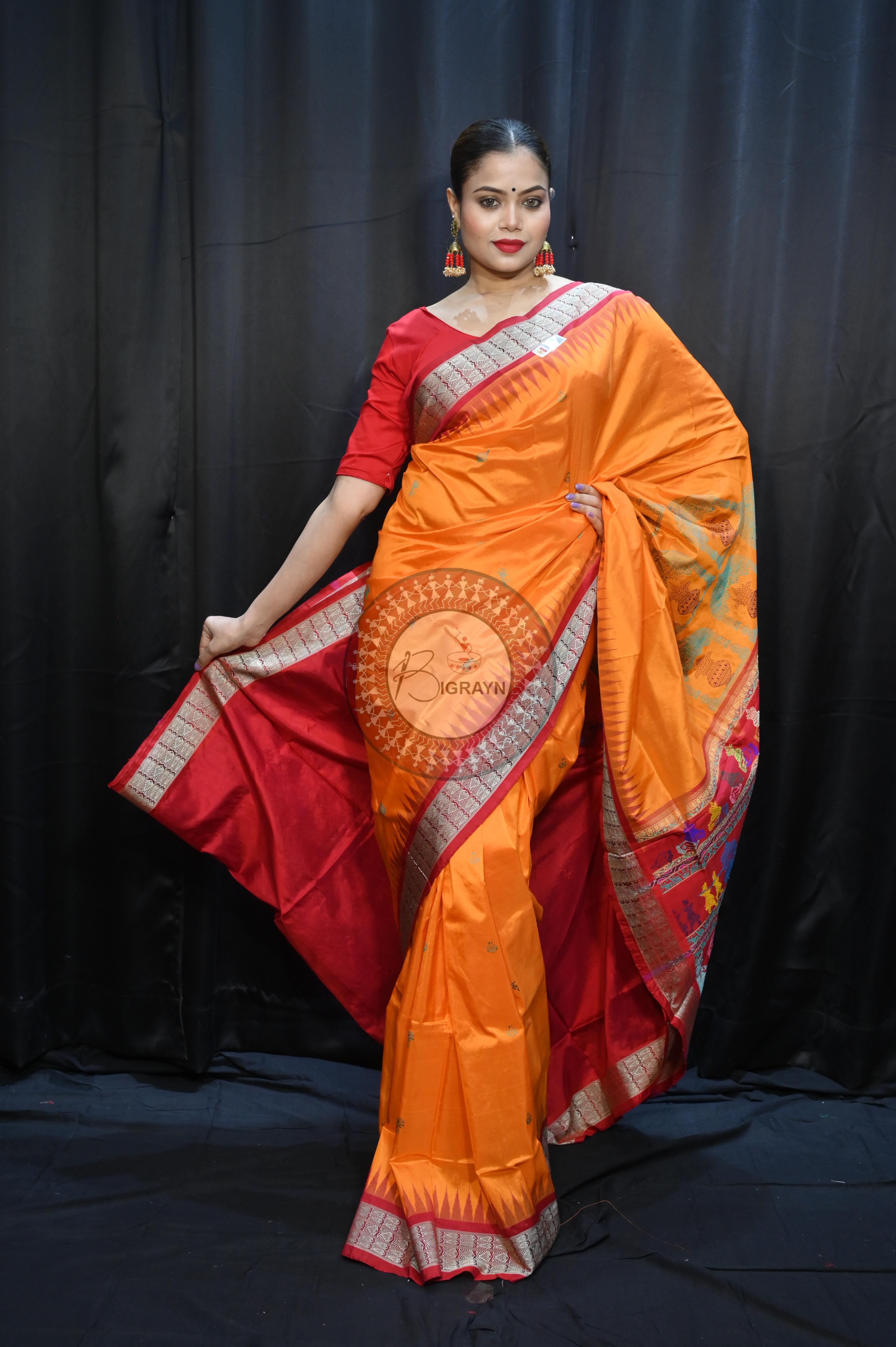 Orange Red Parinita(Marriage ) Exclusive Sambalpuri Silk Saree