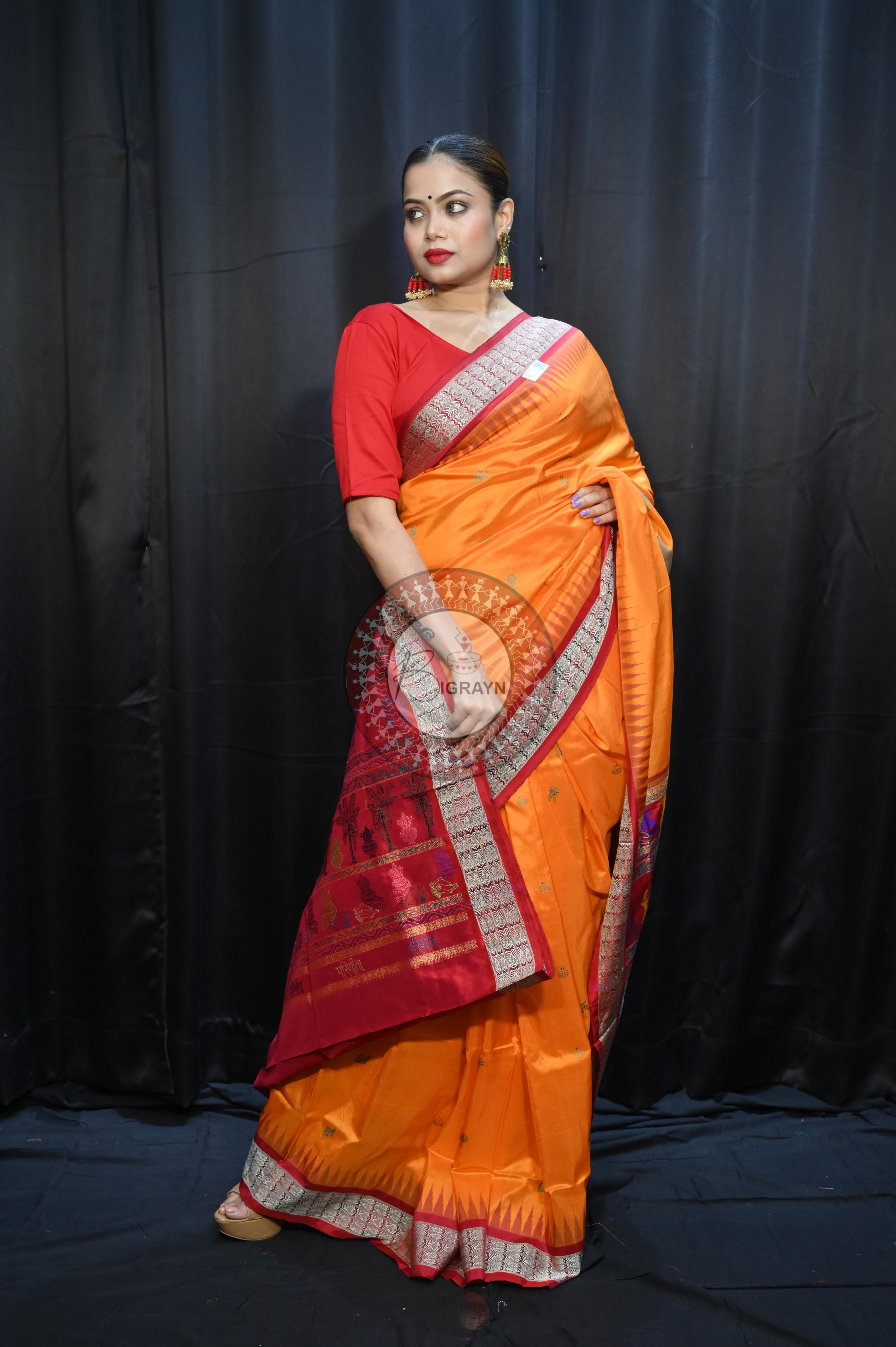 Orange Red Parinita(Marriage ) Exclusive Sambalpuri Silk Saree