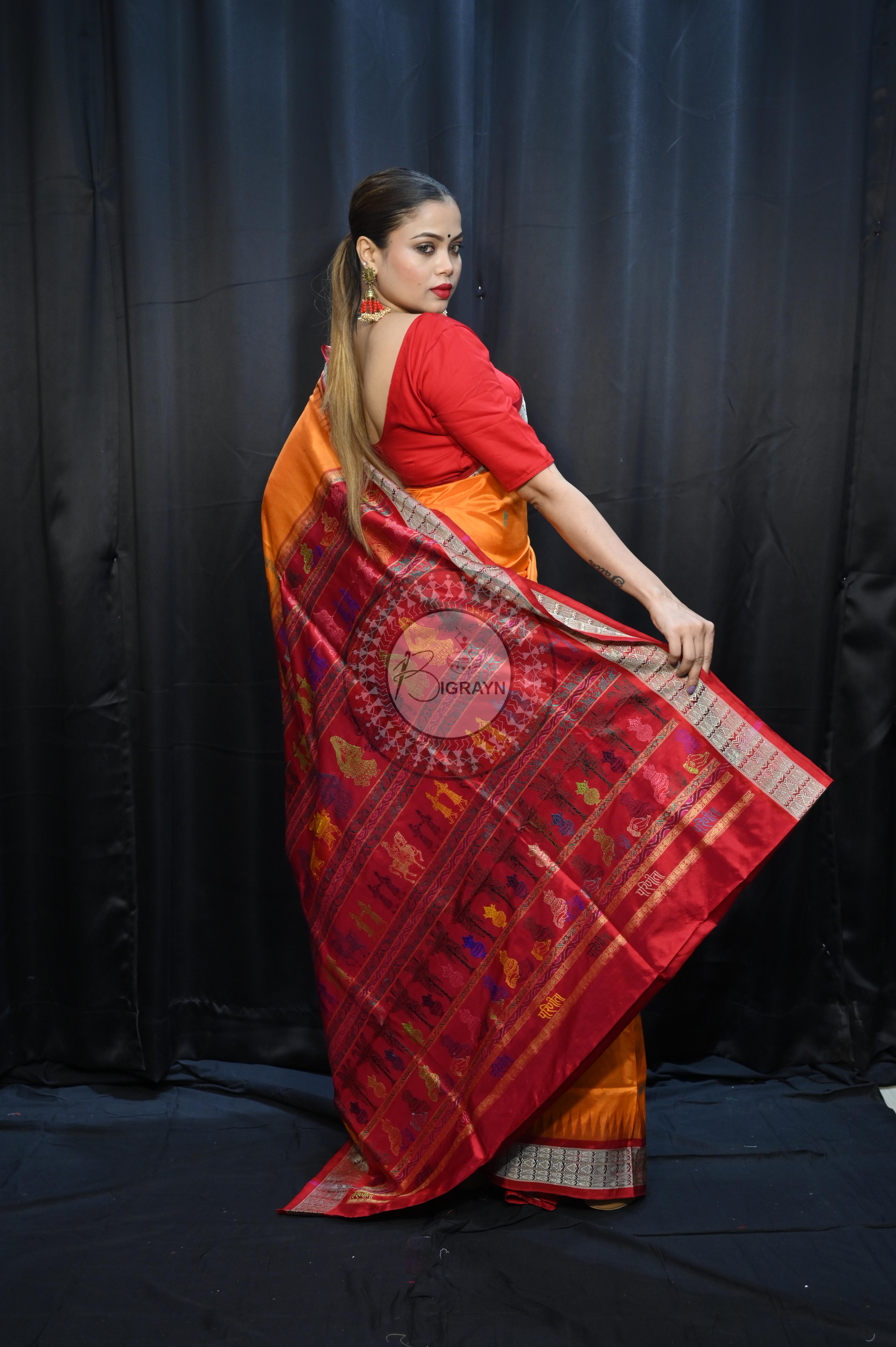 Orange Red Parinita(Marriage ) Exclusive Sambalpuri Silk Saree