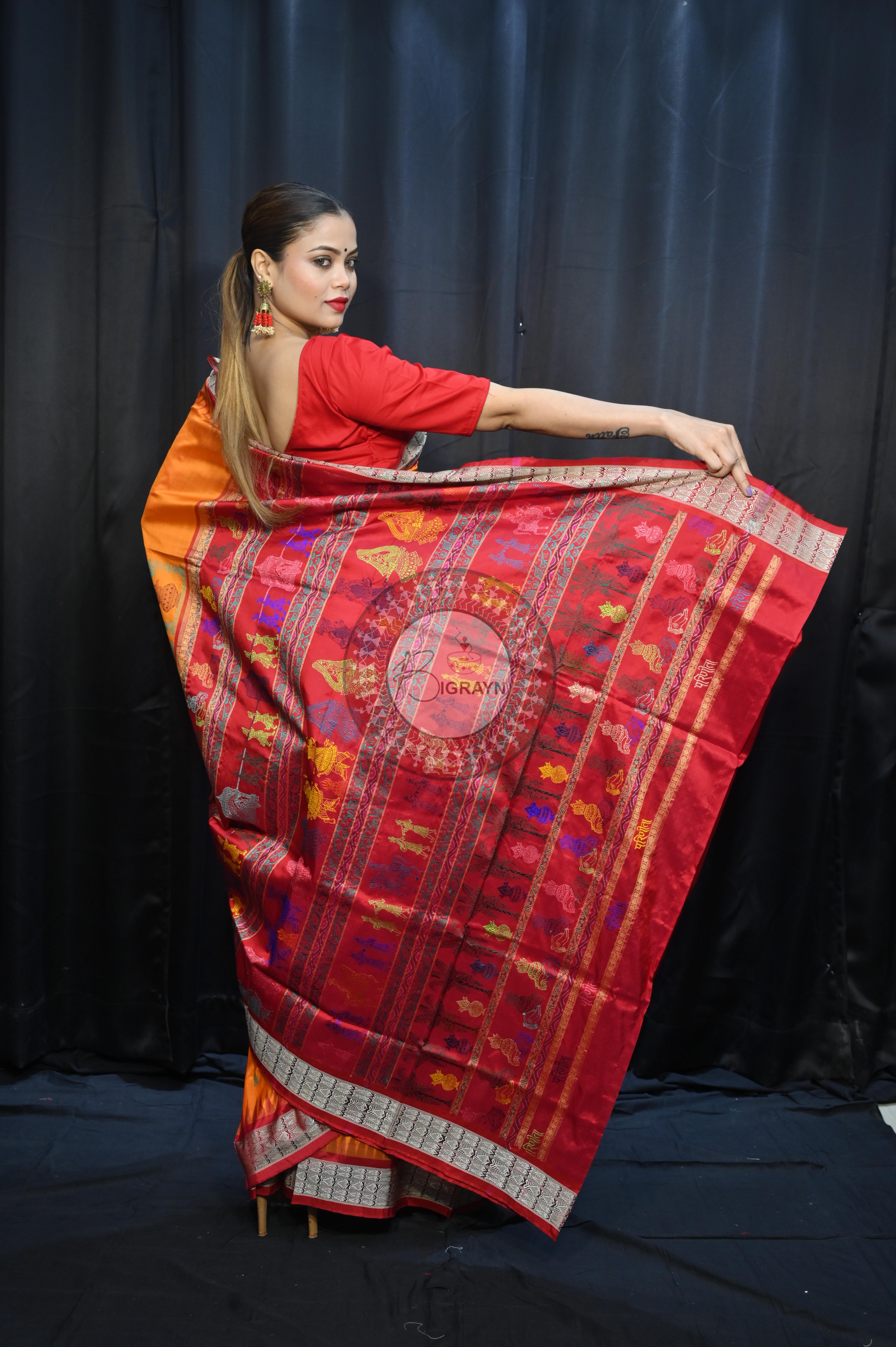 Orange Red Parinita(Marriage ) Exclusive Sambalpuri Silk Saree