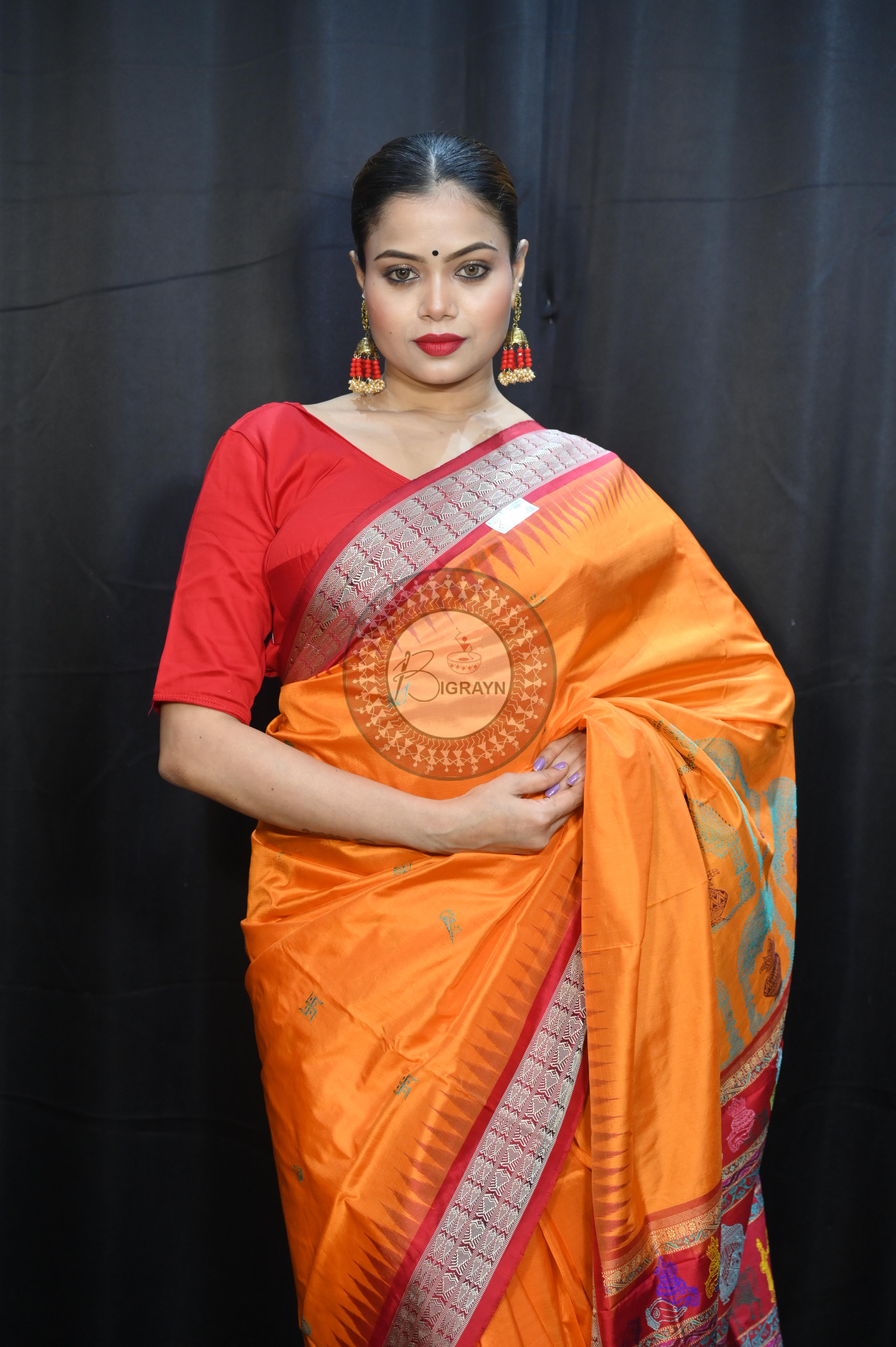 Orange Red Parinita(Marriage ) Exclusive Sambalpuri Silk Saree