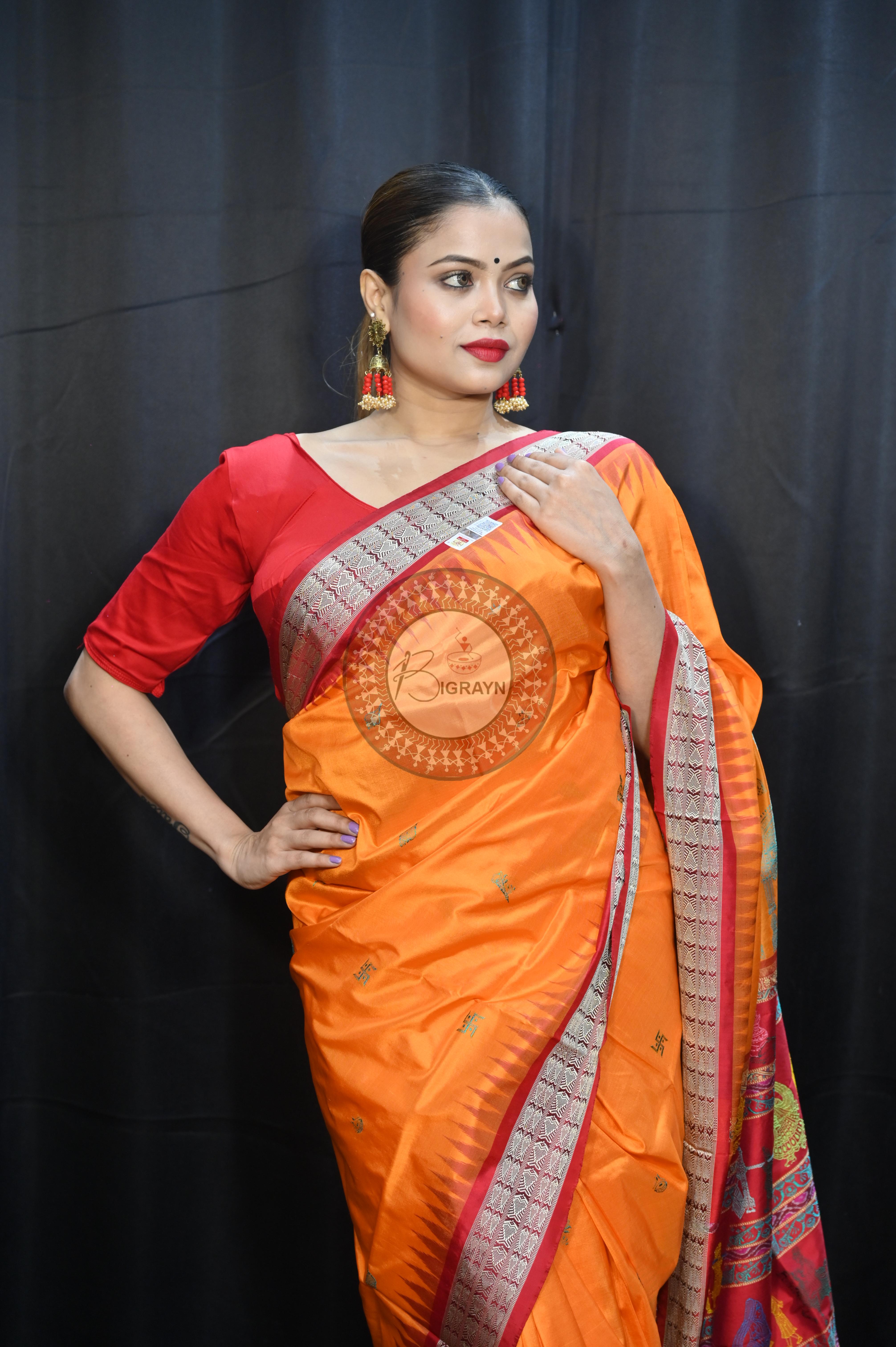 Orange Red Parinita(Marriage ) Exclusive Sambalpuri Silk Saree