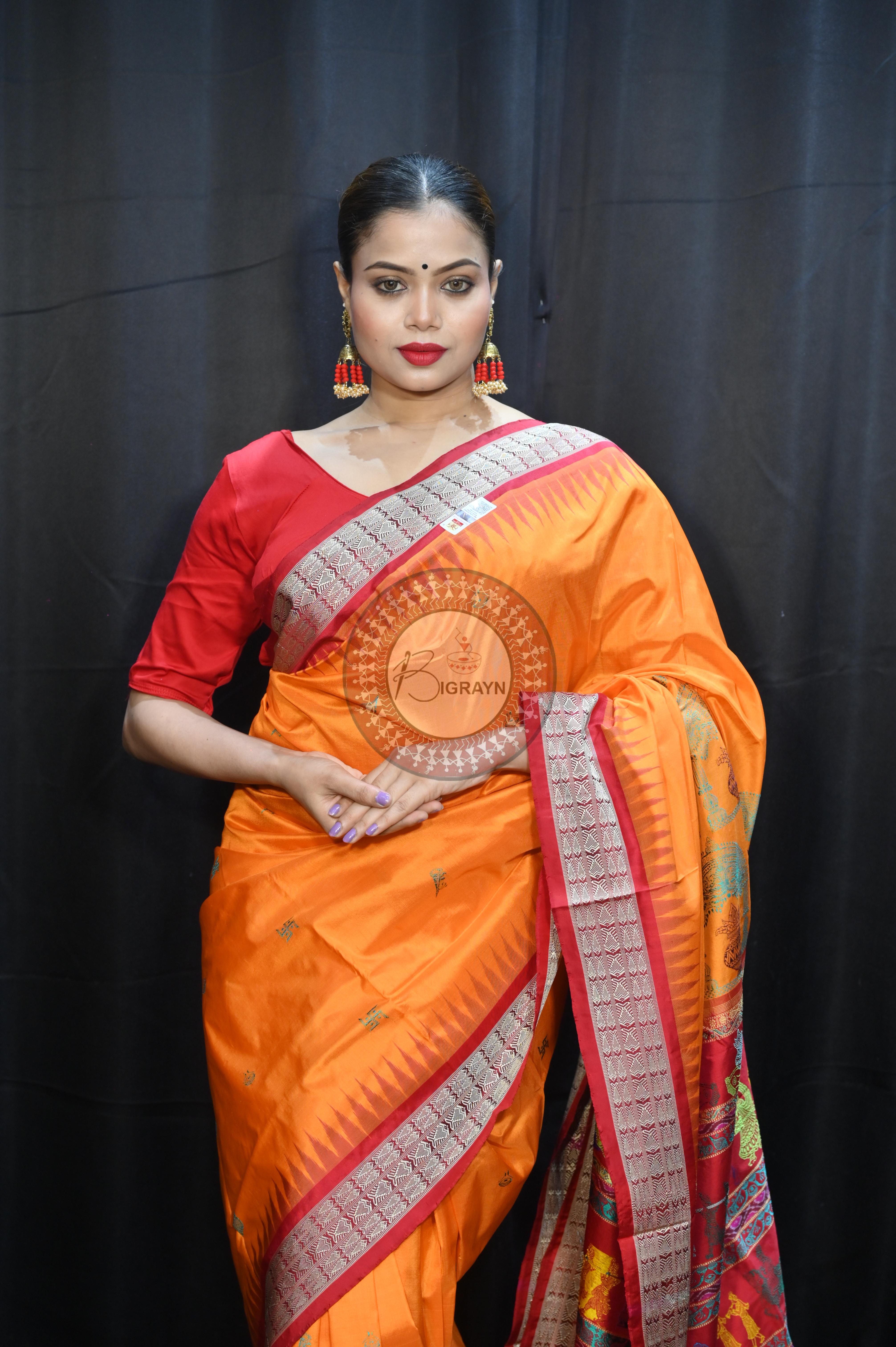 Orange Red Parinita(Marriage ) Exclusive Sambalpuri Silk Saree