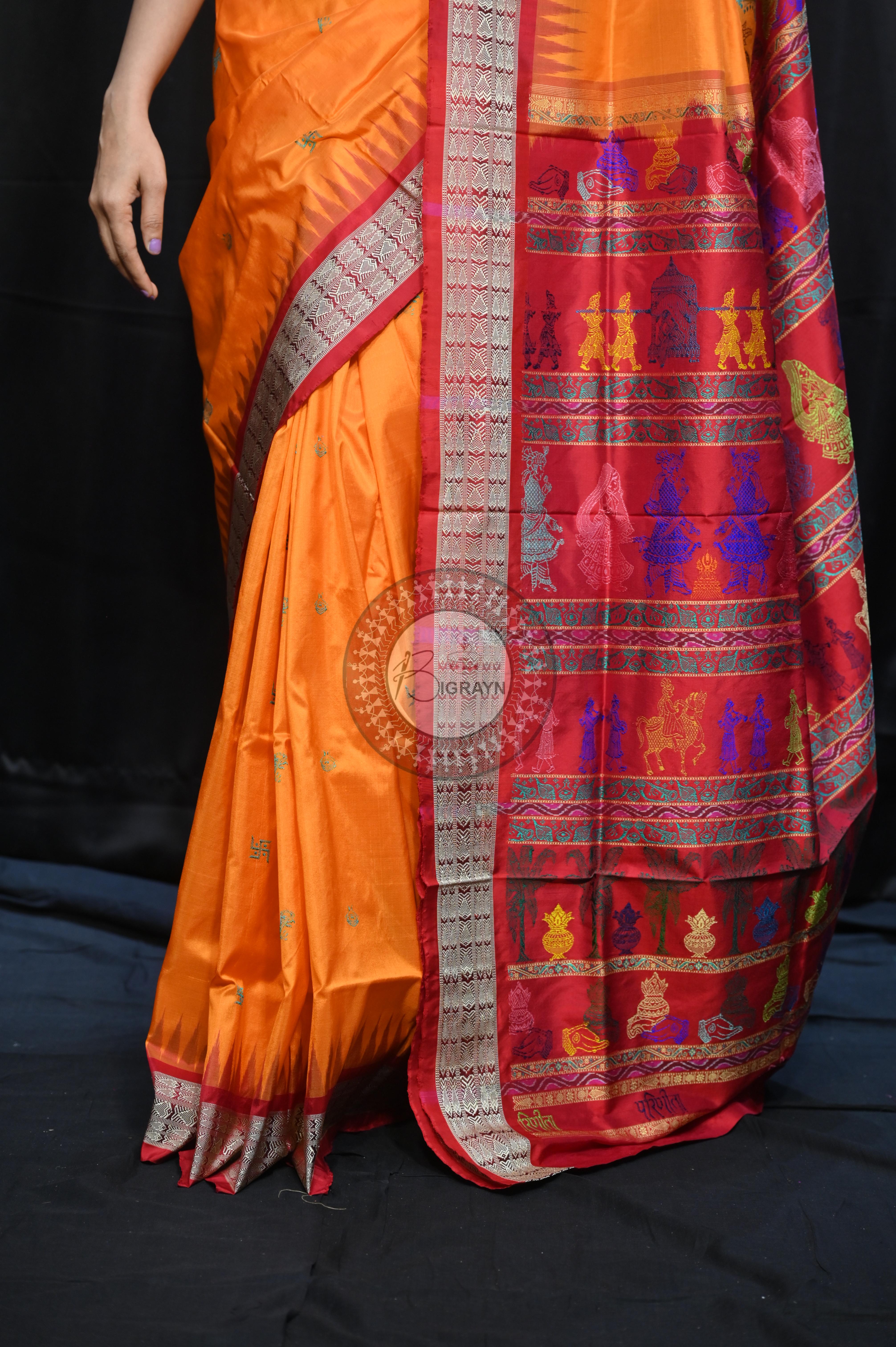 Orange Red Parinita(Marriage ) Exclusive Sambalpuri Silk Saree