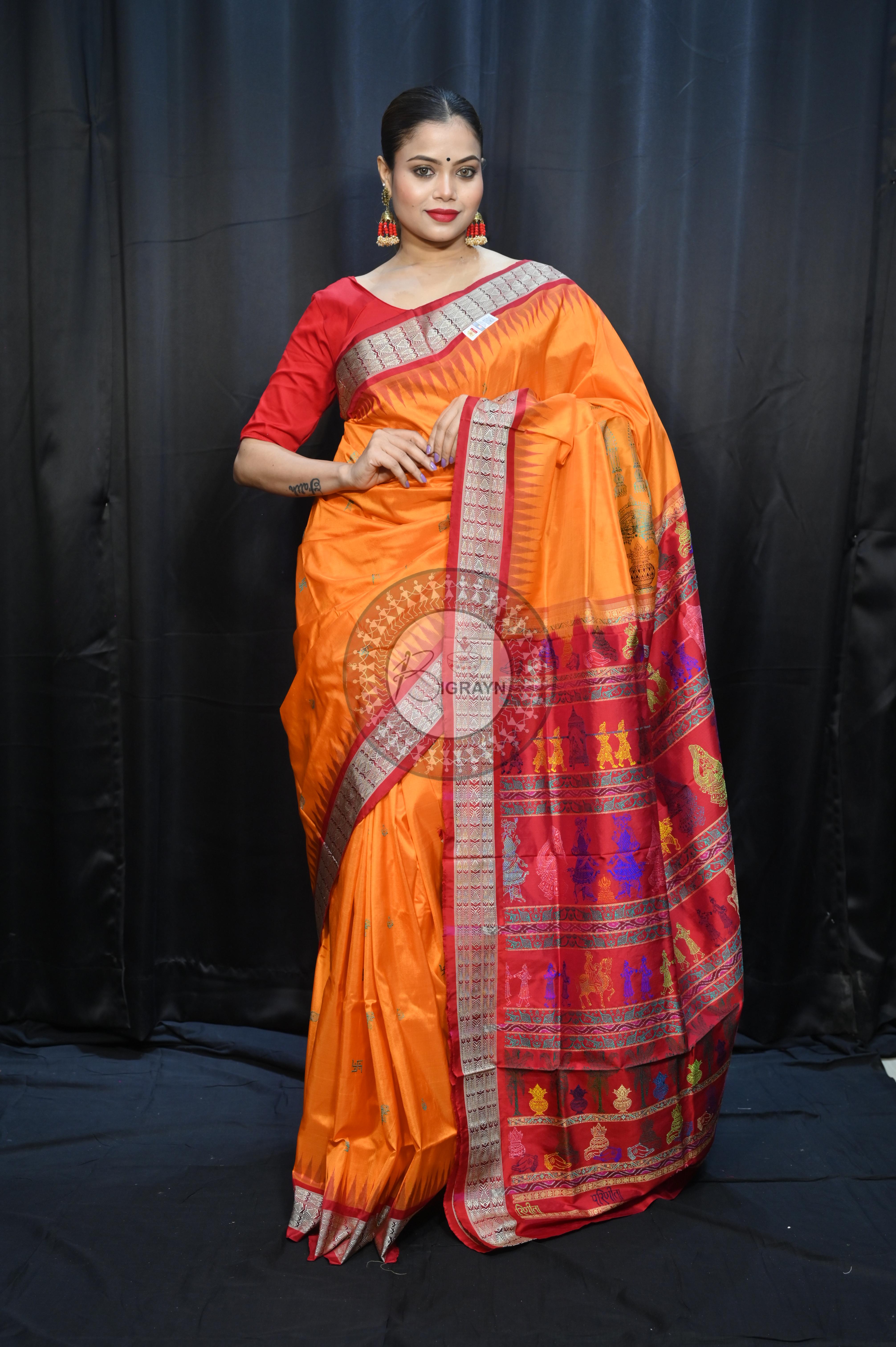 Orange Red Parinita(Marriage ) Exclusive Sambalpuri Silk Saree