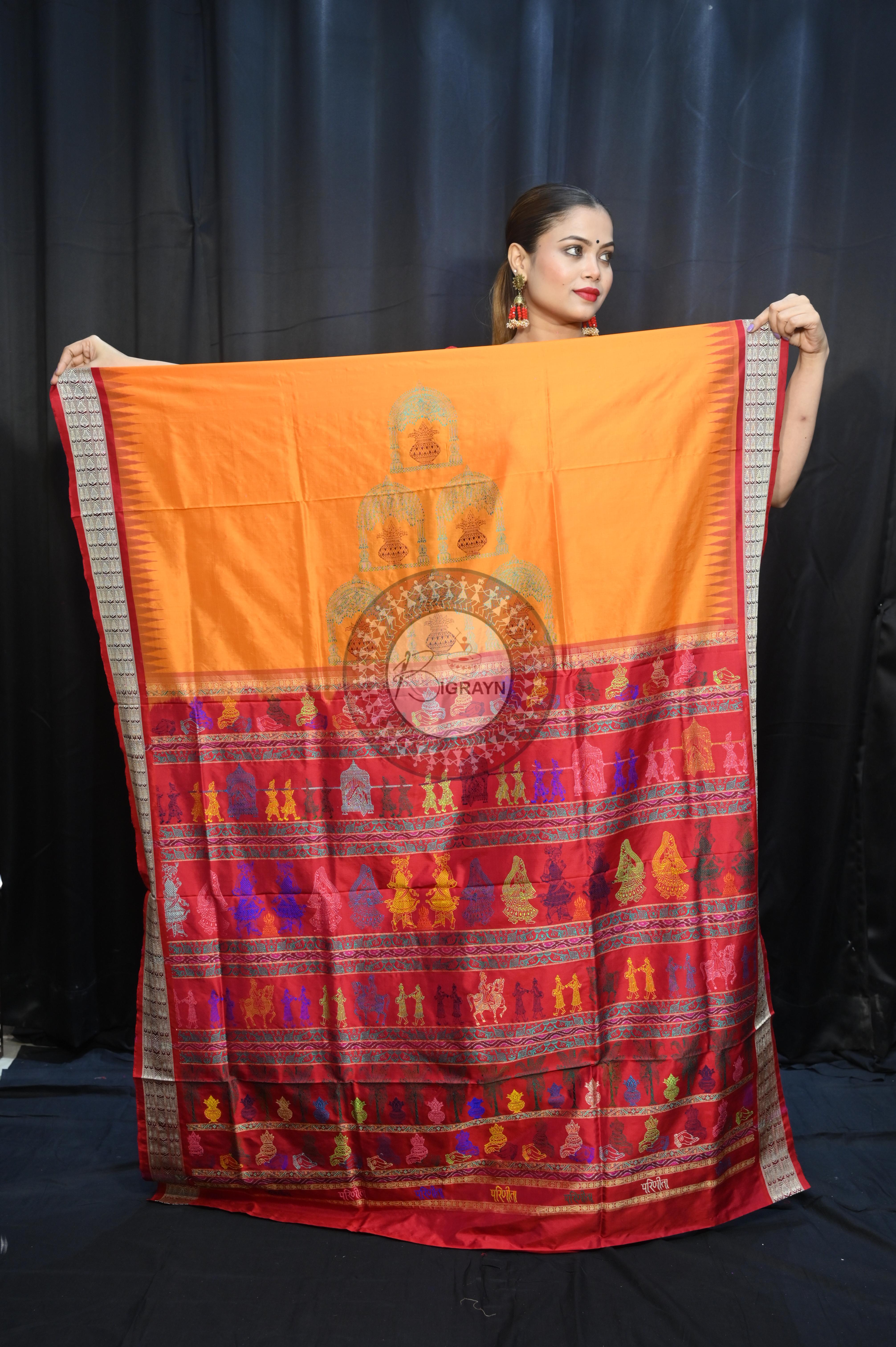 Orange Red Parinita(Marriage ) Exclusive Sambalpuri Silk Saree