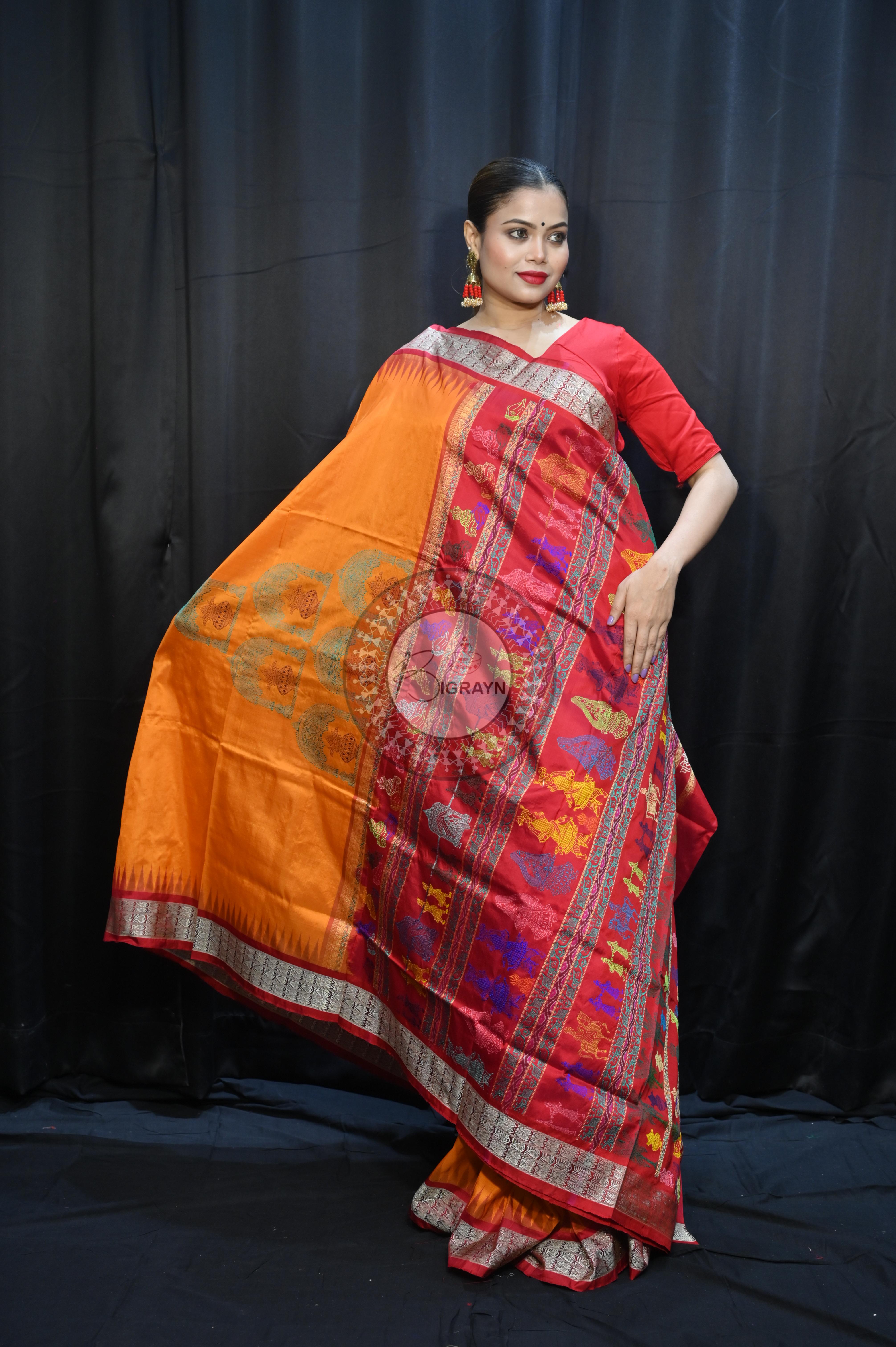 Orange Red Parinita(Marriage ) Exclusive Sambalpuri Silk Saree