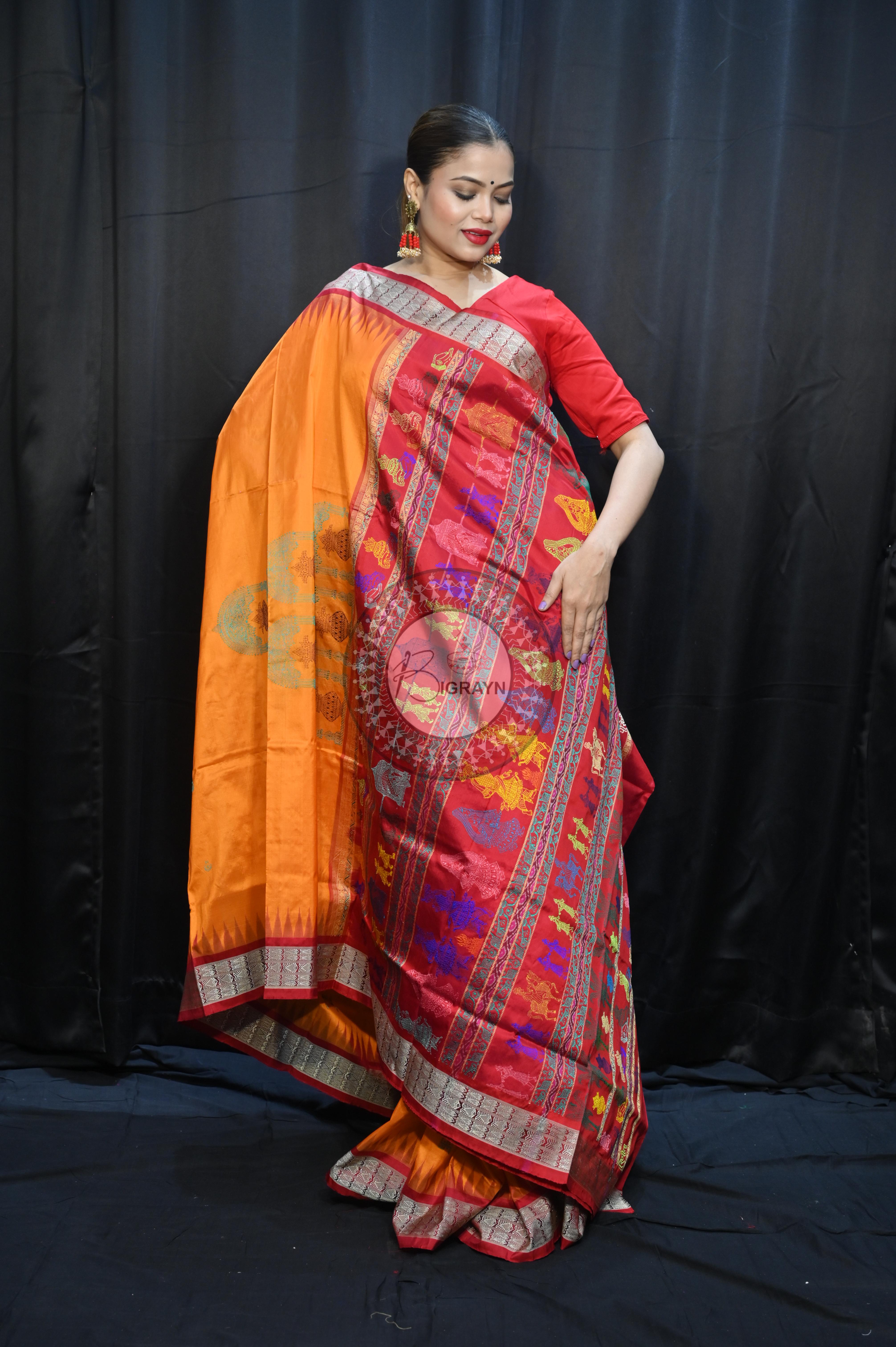 Orange Red Parinita(Marriage ) Exclusive Sambalpuri Silk Saree