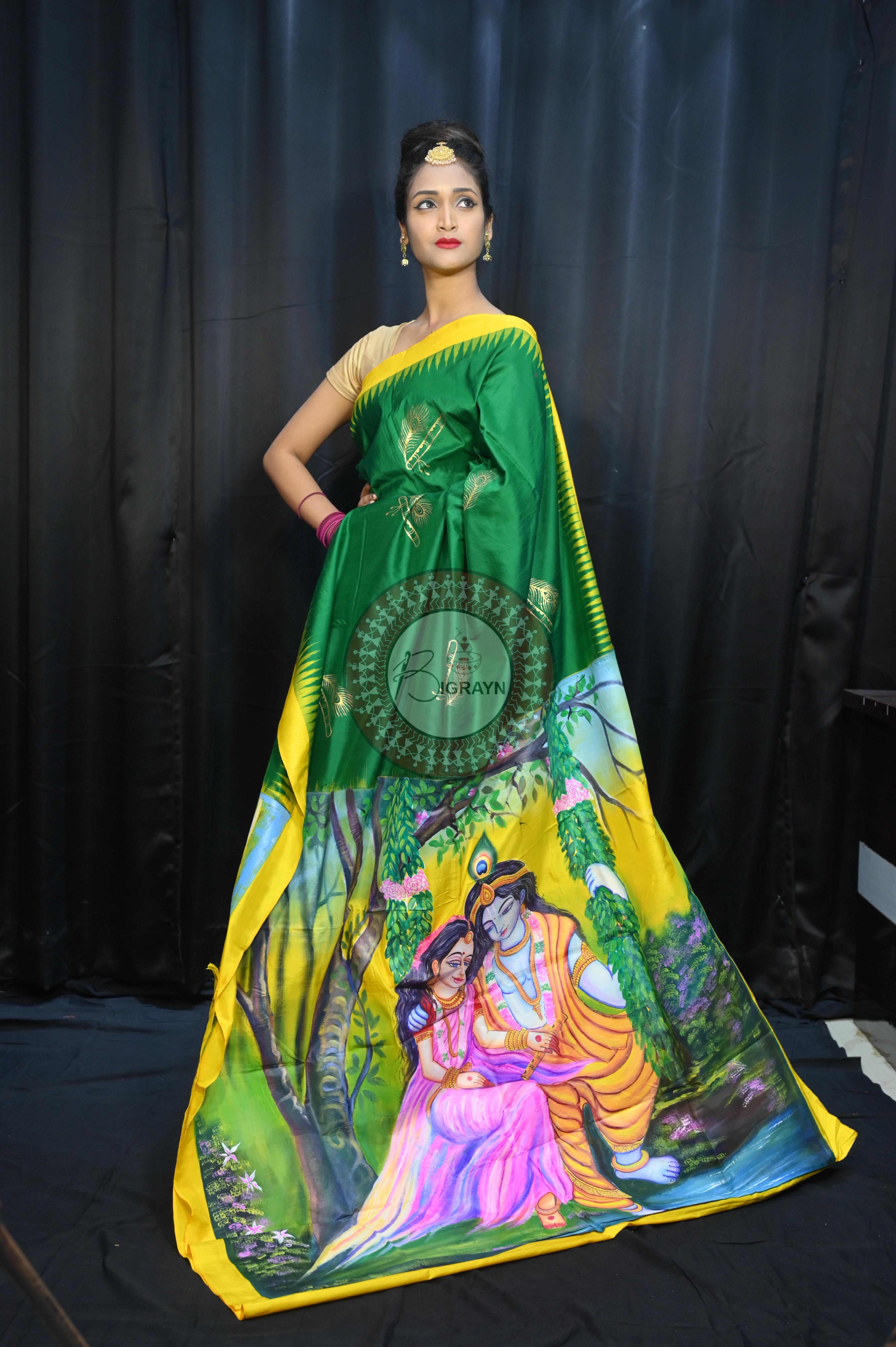 Buttle Green Yellow Radha Krishna Mordern Art Theme Pattachitra Silk Saree