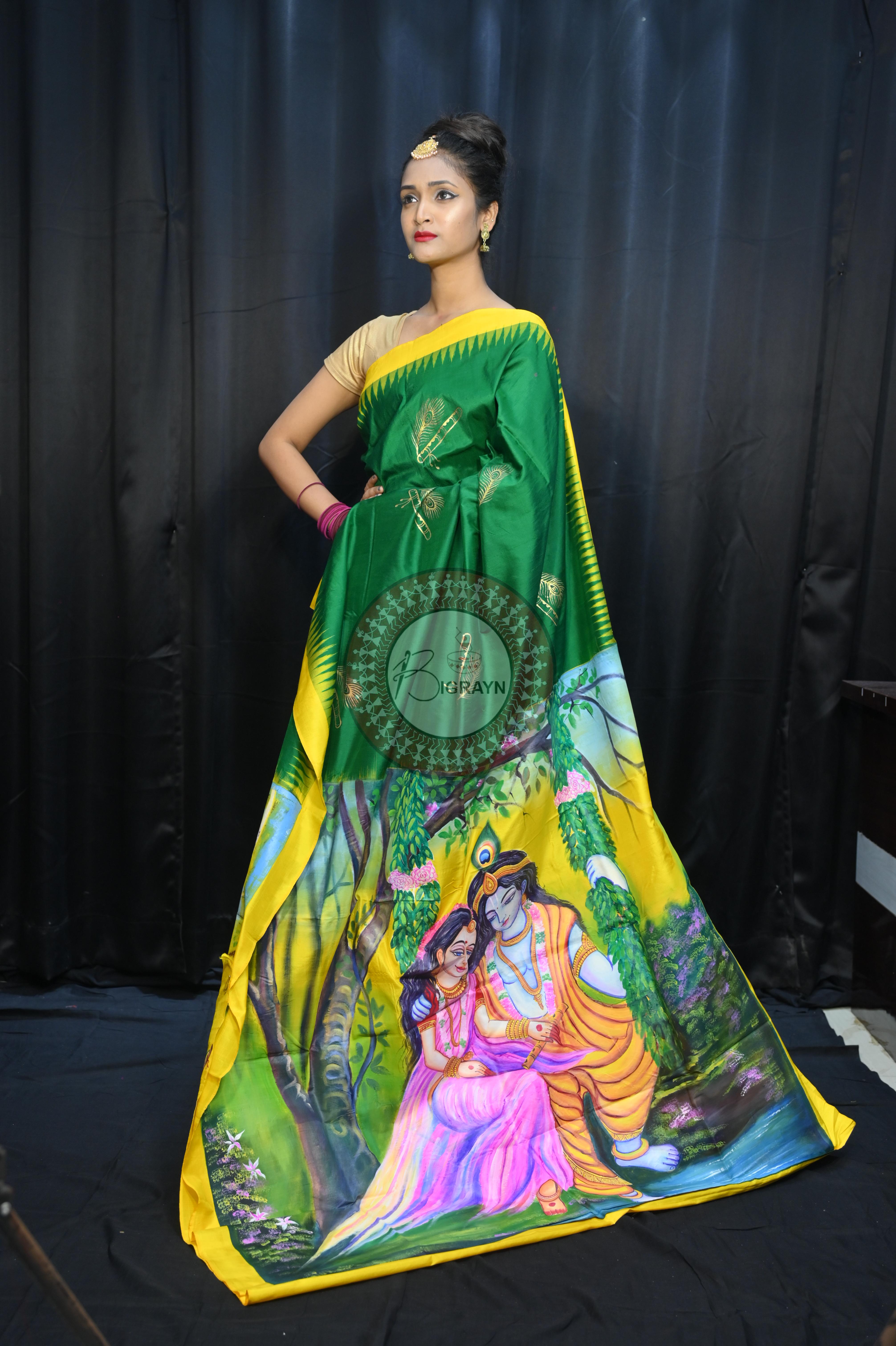 Buttle Green Yellow Radha Krishna Mordern Art Theme Pattachitra Silk Saree
