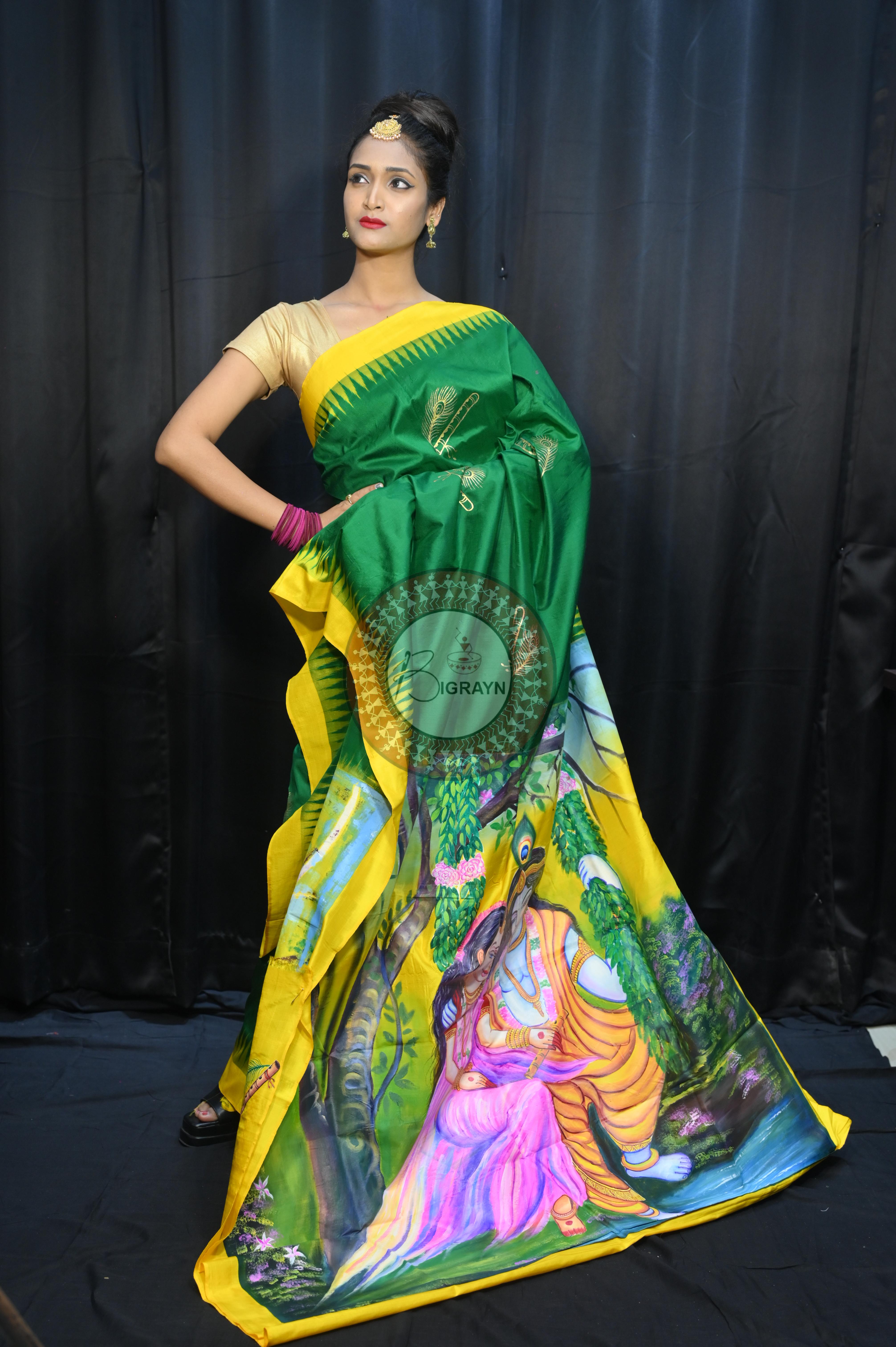 Buttle Green Yellow Radha Krishna Mordern Art Theme Pattachitra Silk Saree