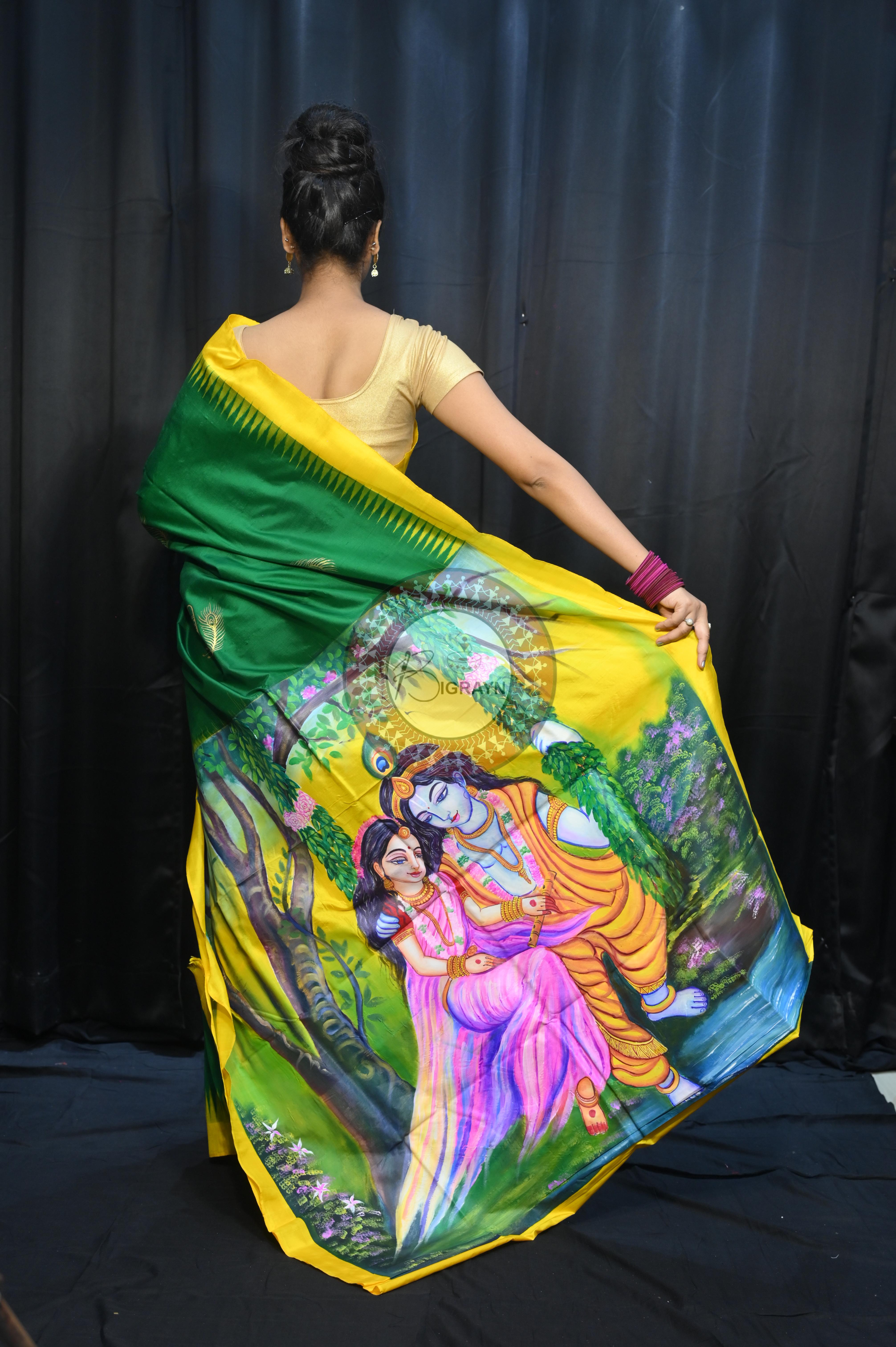 Buttle Green Yellow Radha Krishna Mordern Art Theme Pattachitra Silk Saree