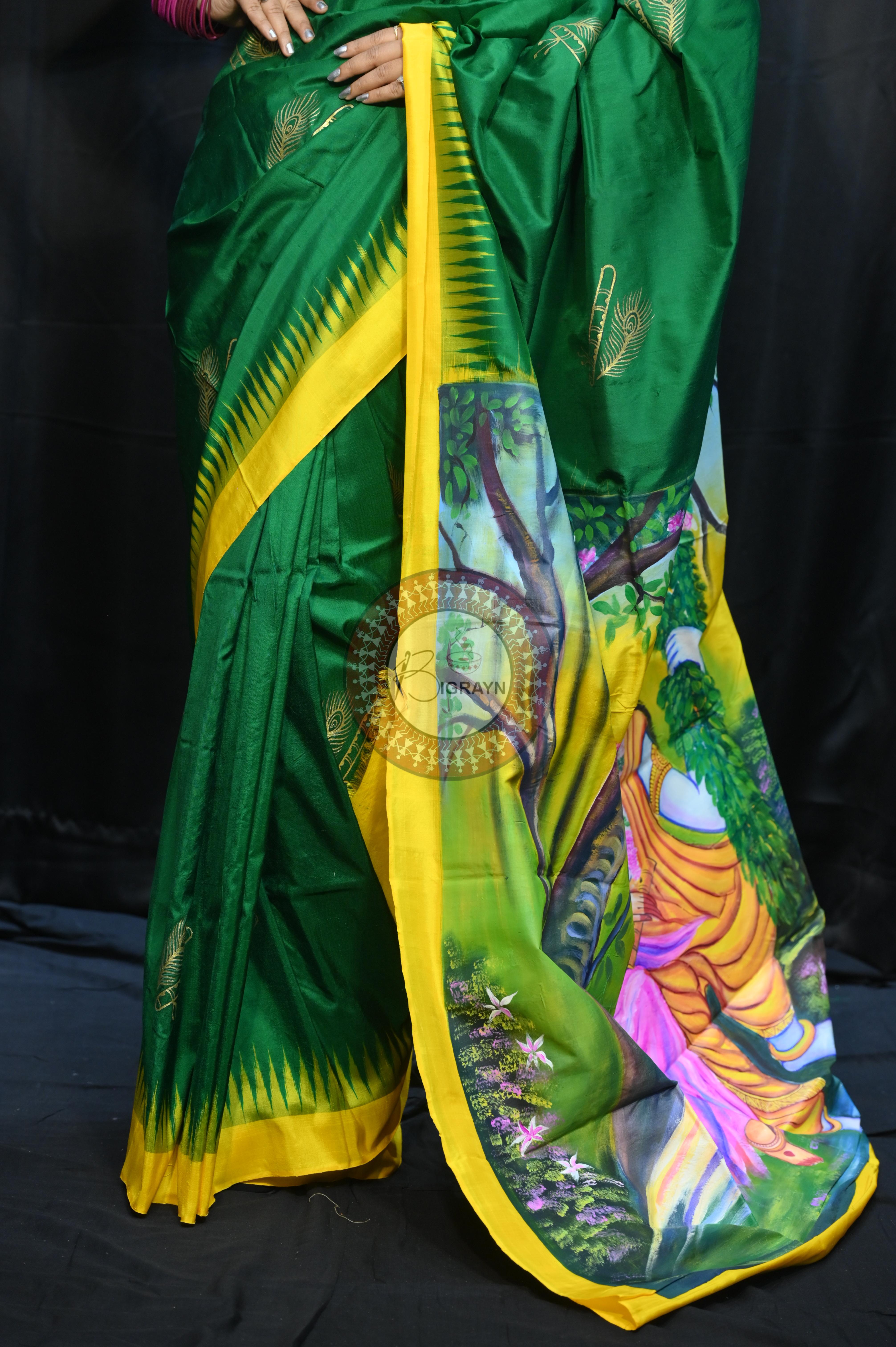 Buttle Green Yellow Radha Krishna Mordern Art Theme Pattachitra Silk Saree