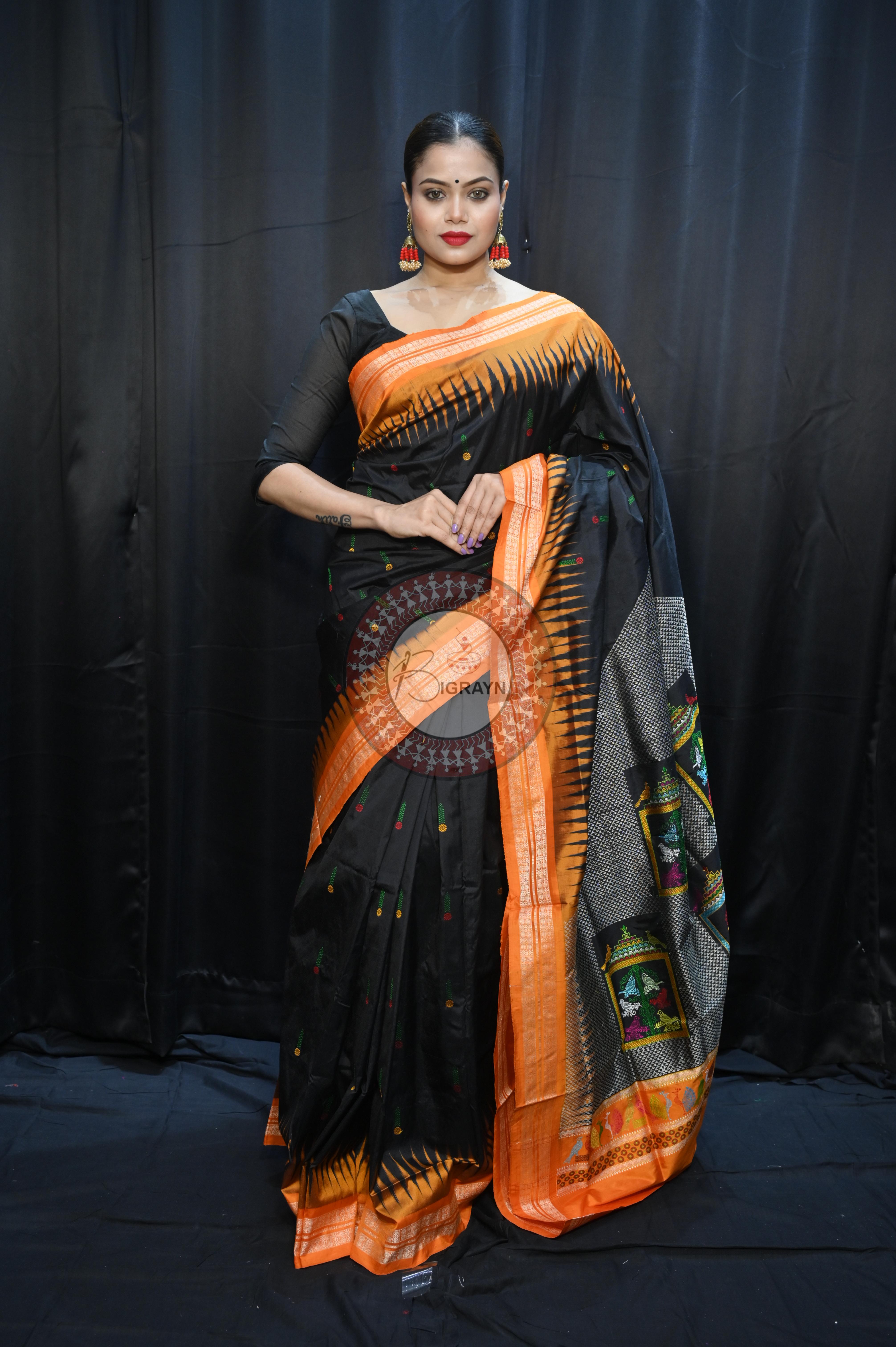 Black Orange Panjuri Design Odisha Handloom Bomkai Silk Saree