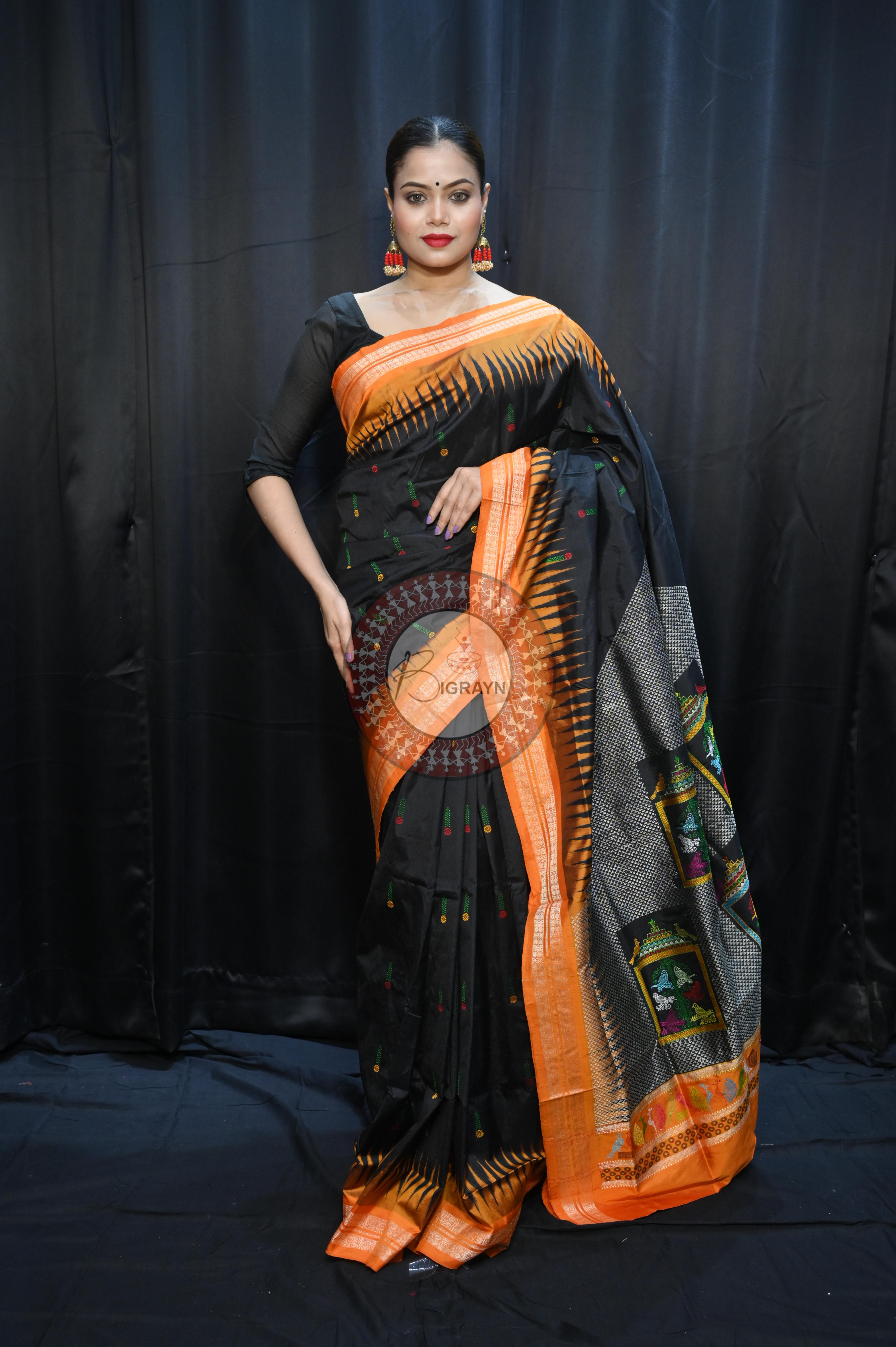Black Orange Panjuri Design Odisha Handloom Bomkai Silk Saree