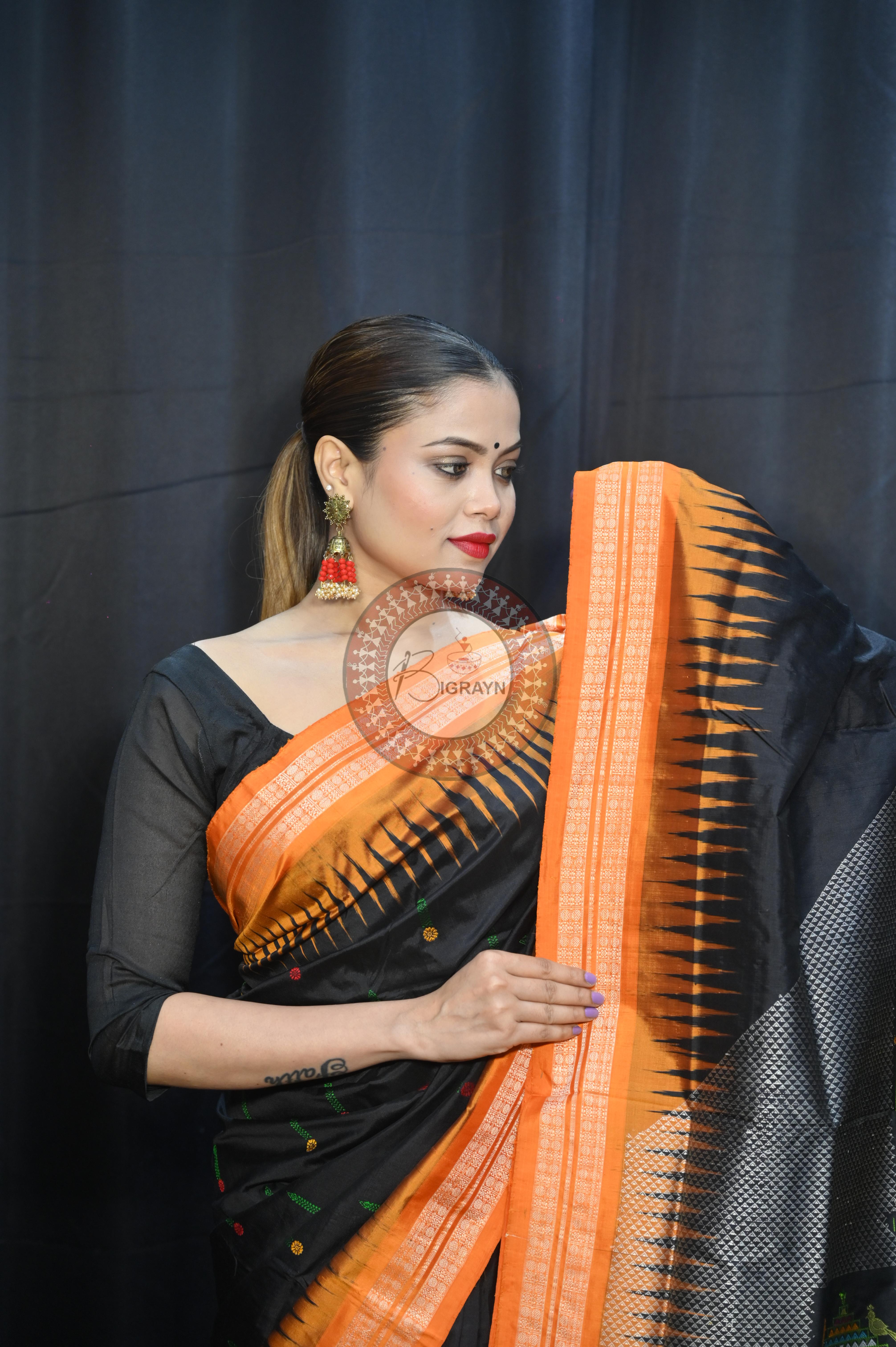 Black Orange Panjuri Design Odisha Handloom Bomkai Silk Saree