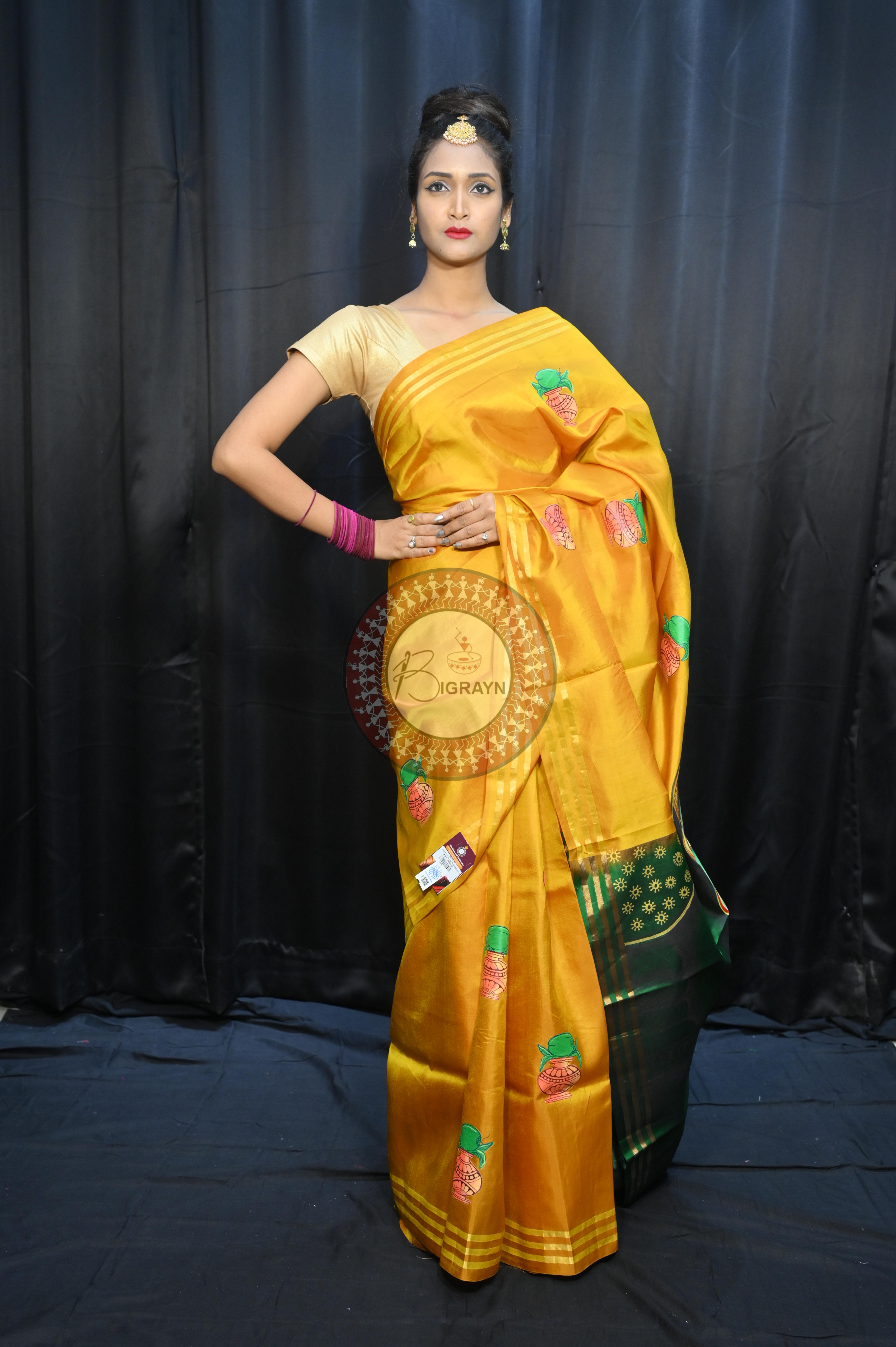 Yellow Green Pancha Mukhi Ganesh Theme Pattachitra Kanjeeveram Silk Saree