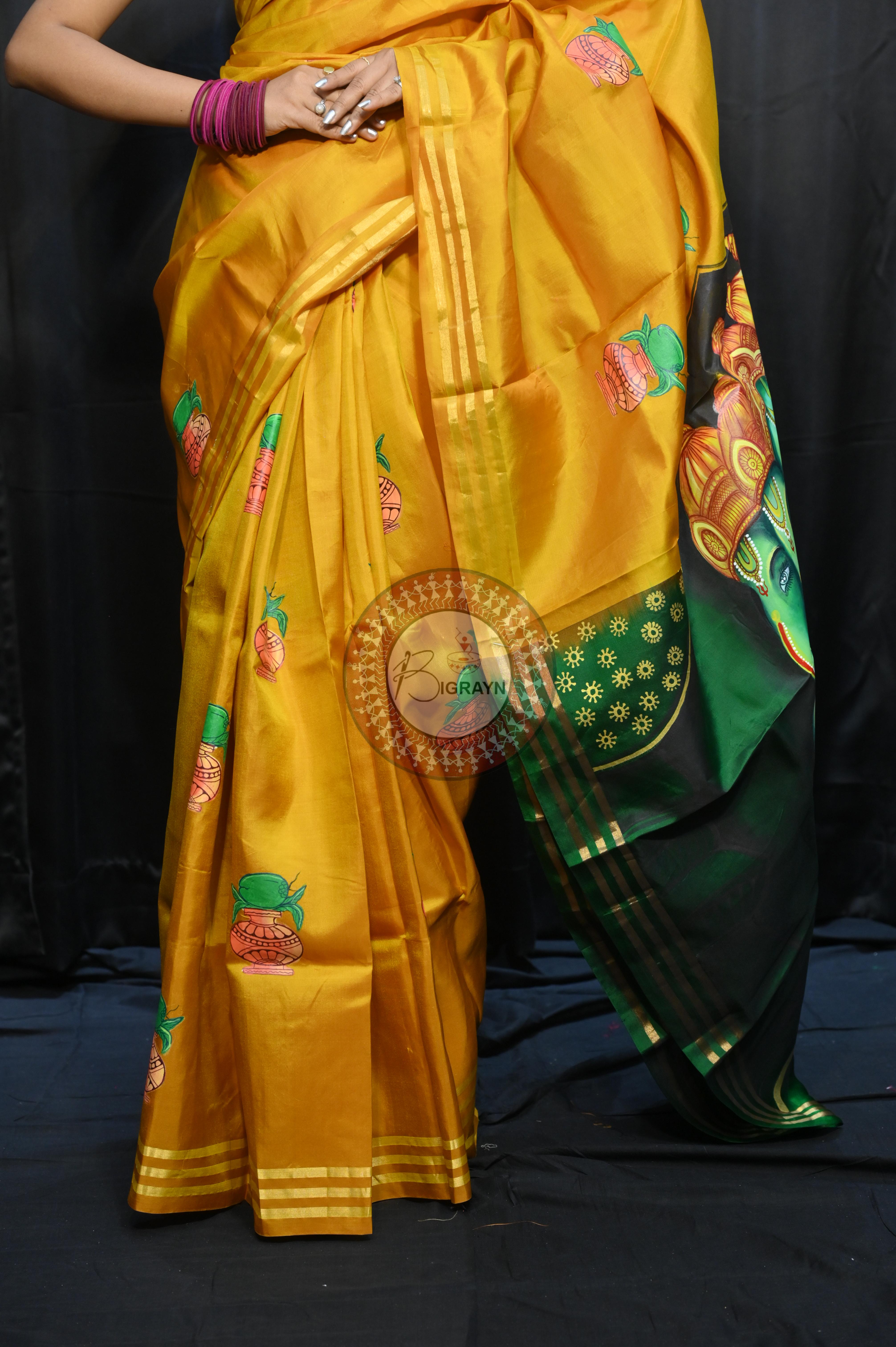 Yellow Green Pancha Mukhi Ganesh Theme Pattachitra Kanjeeveram Silk Saree