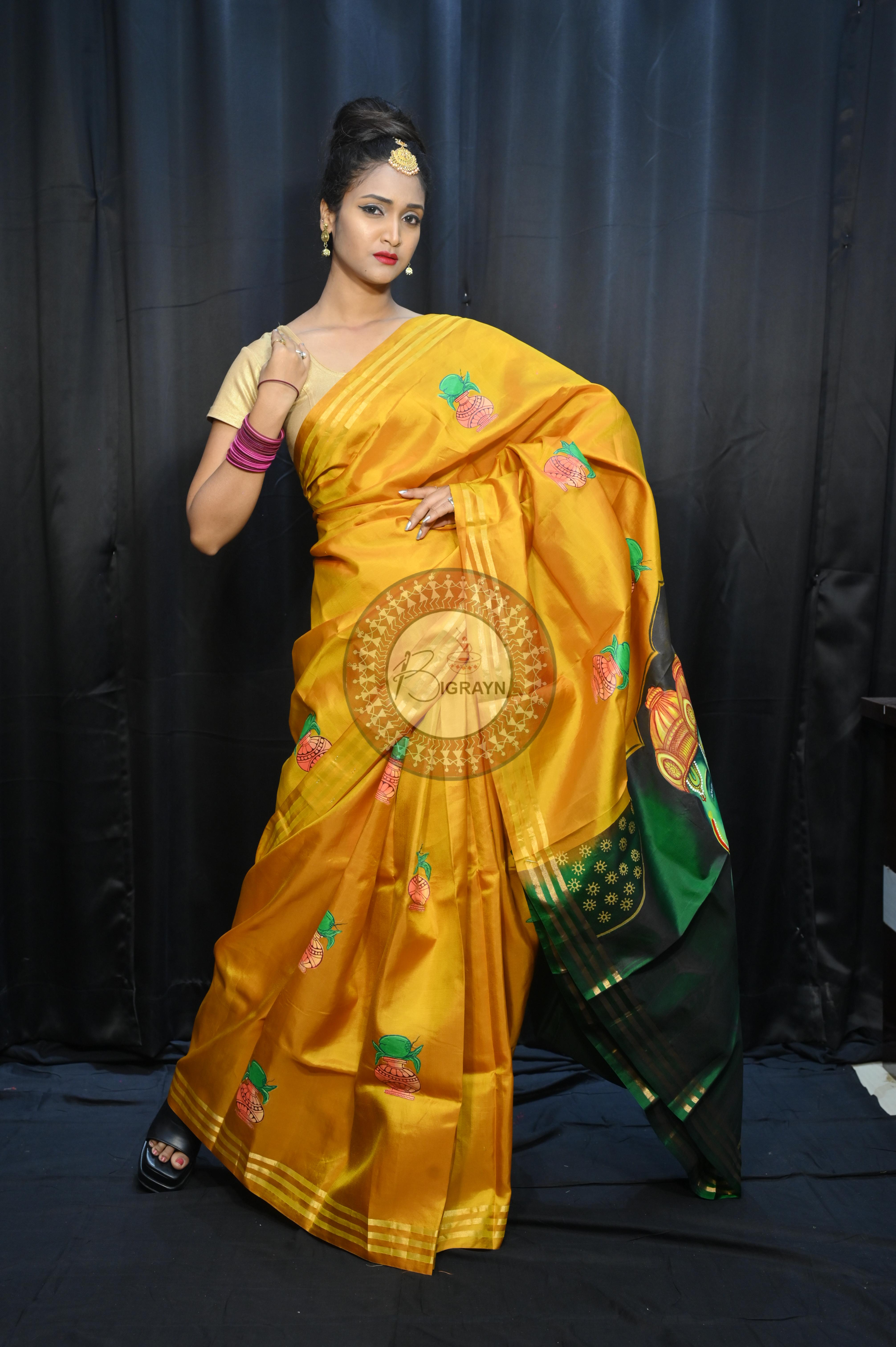 Yellow Green Pancha Mukhi Ganesh Theme Pattachitra Kanjeeveram Silk Saree