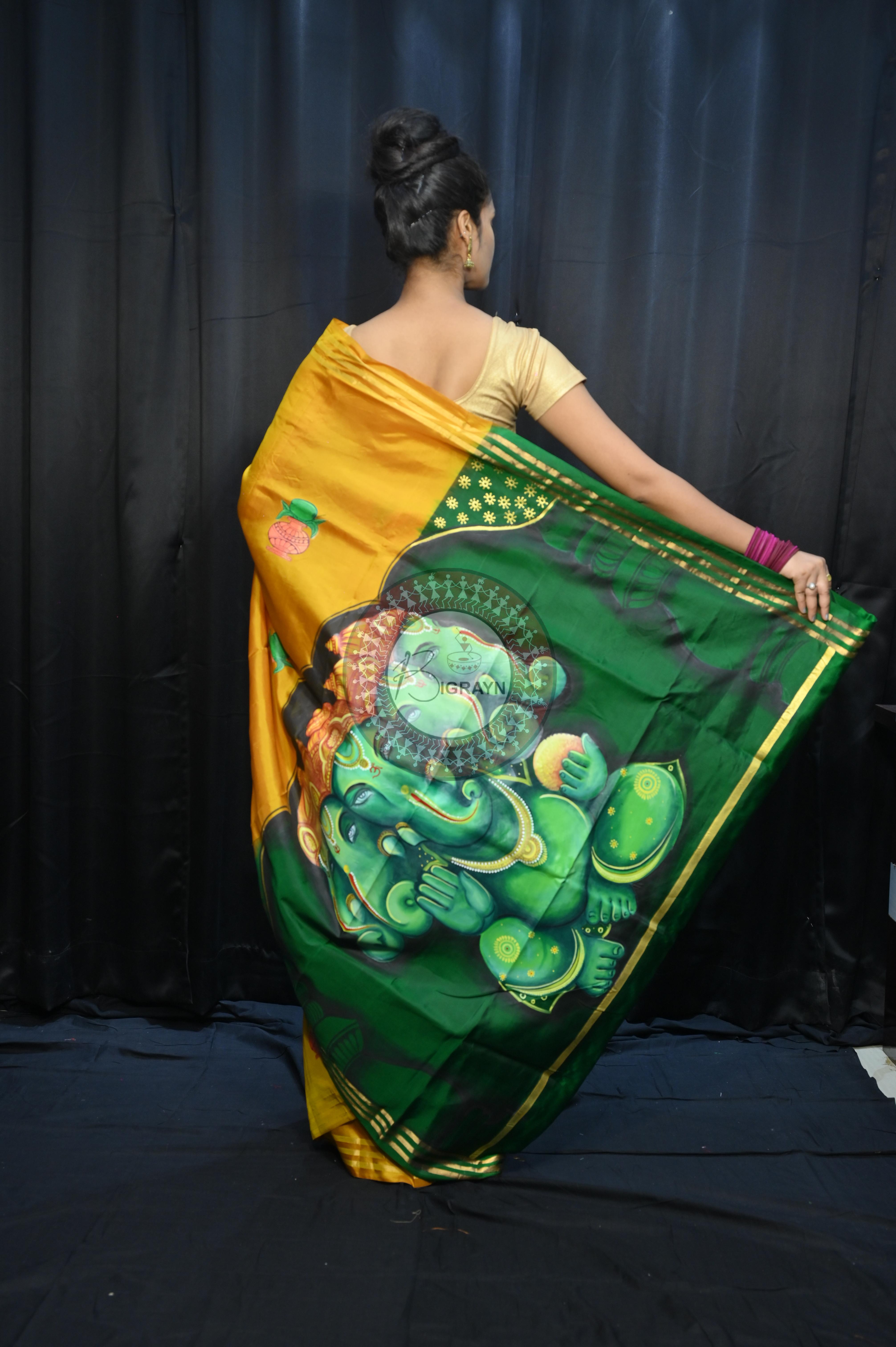 Yellow Green Pancha Mukhi Ganesh Theme Pattachitra Kanjeeveram Silk Saree