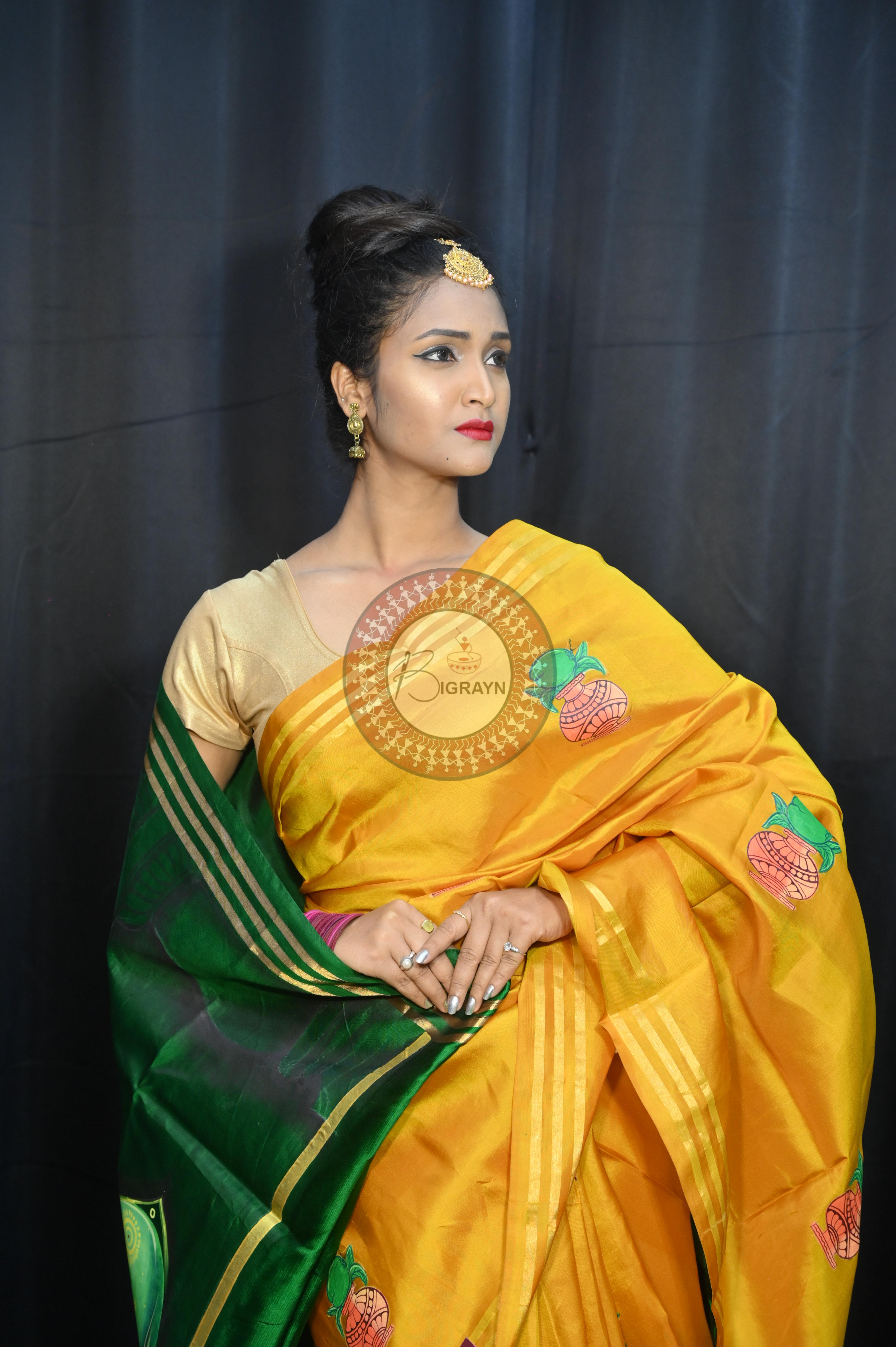 Yellow Green Pancha Mukhi Ganesh Theme Pattachitra Kanjeeveram Silk Saree