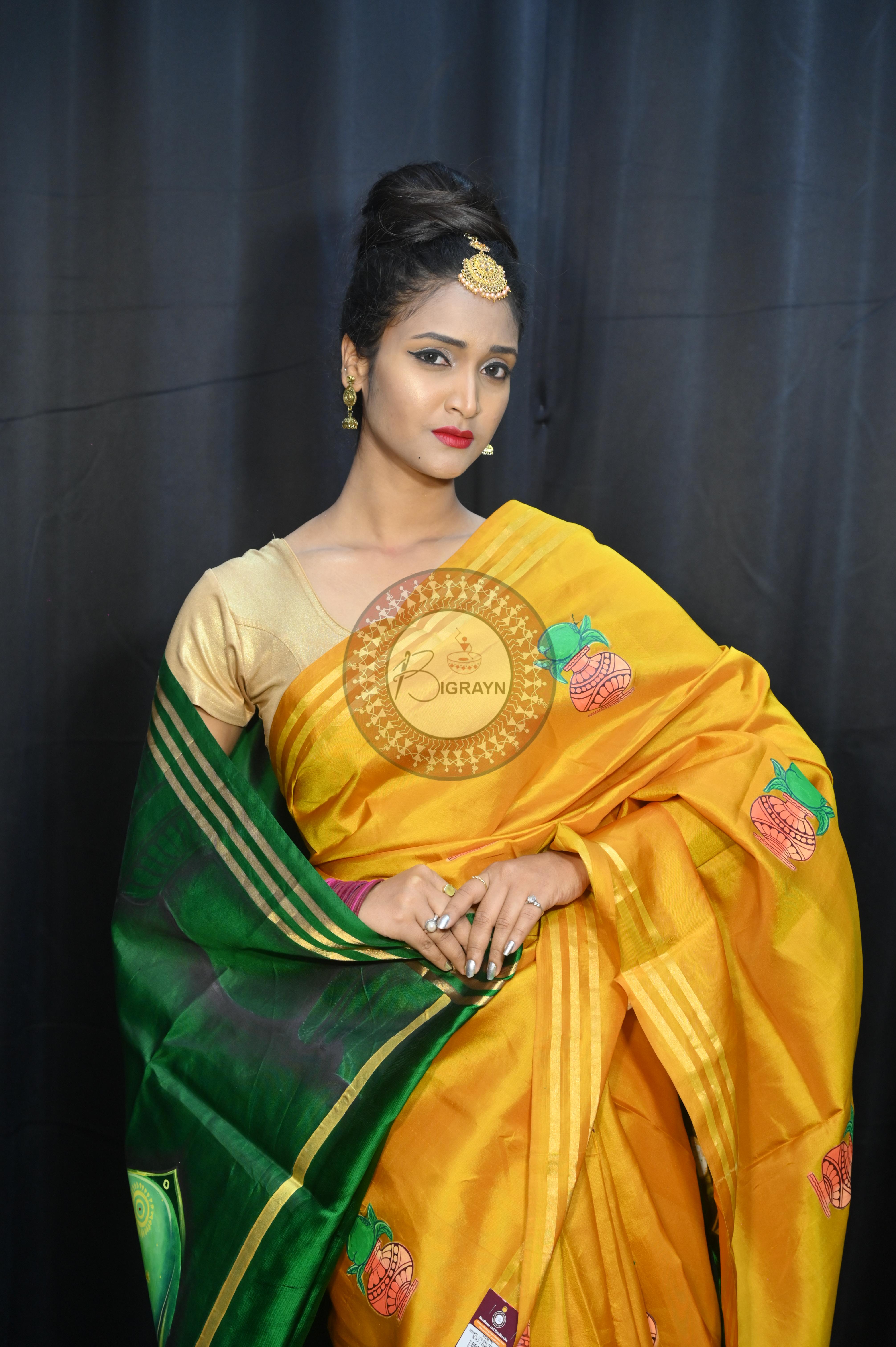 Yellow Green Pancha Mukhi Ganesh Theme Pattachitra Kanjeeveram Silk Saree