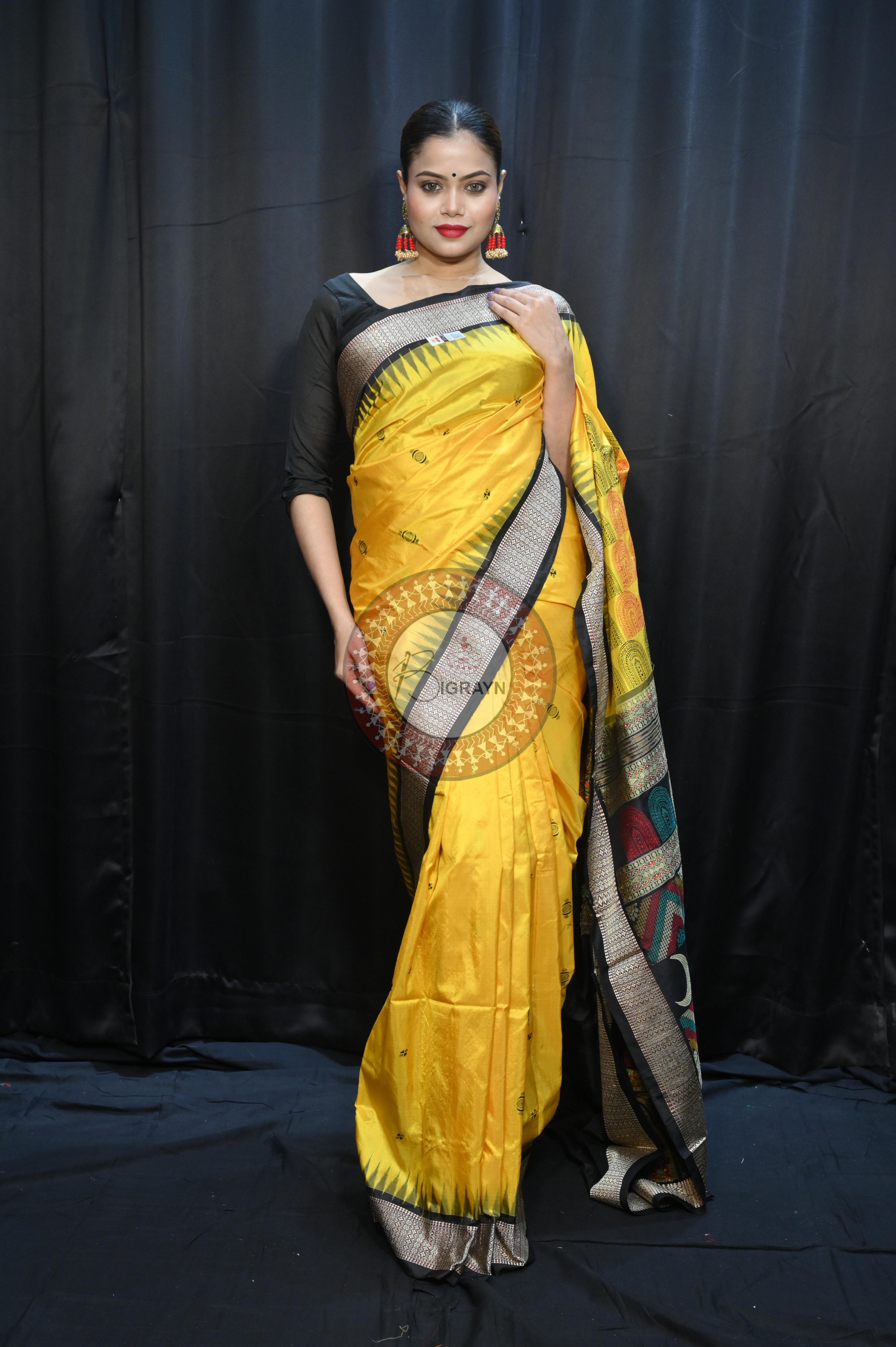 Yellow Black Chandrama Exclusive Sambalpuri Silk Saree