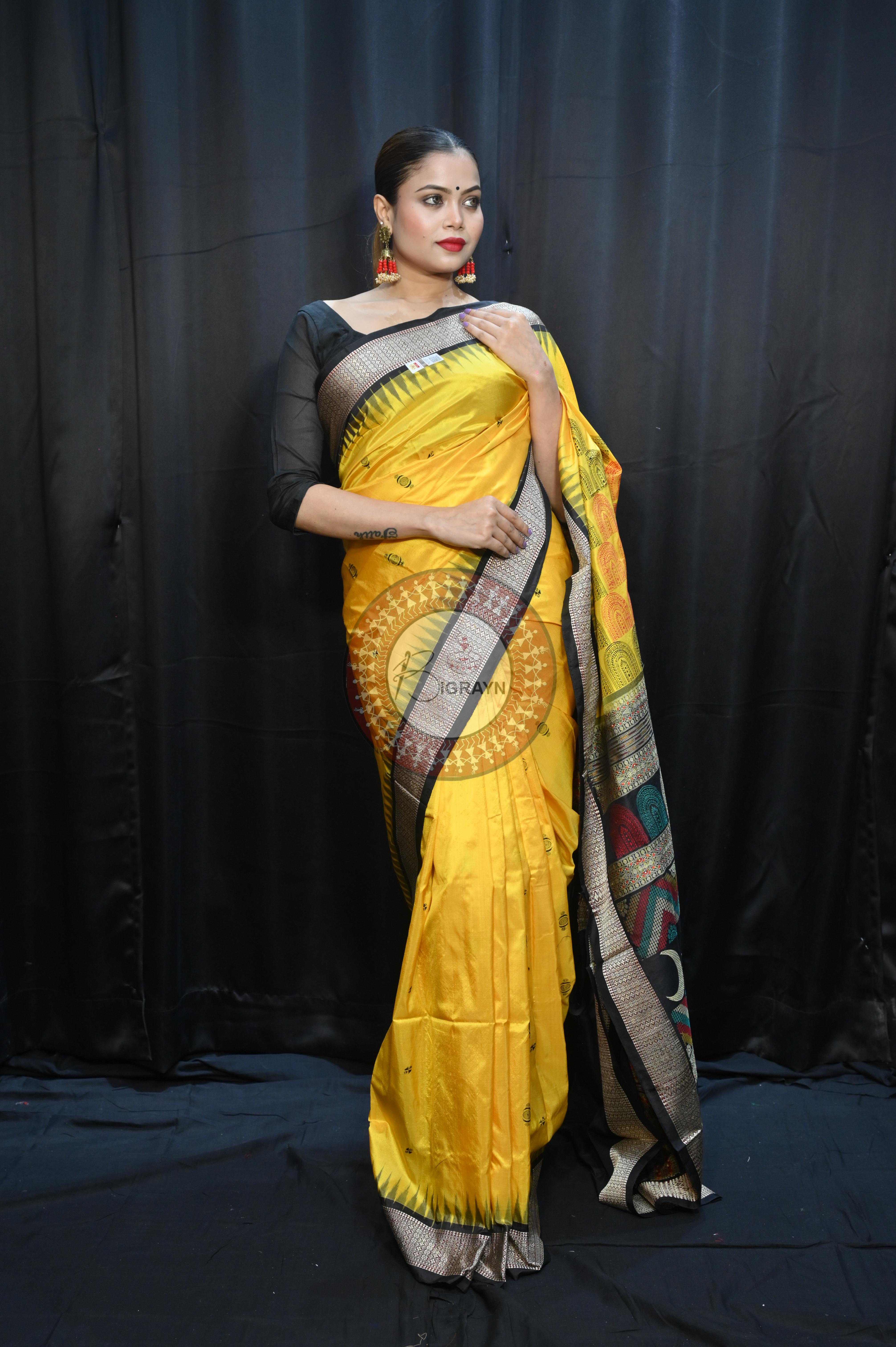 Yellow Black Chandrama Exclusive Sambalpuri Silk Saree