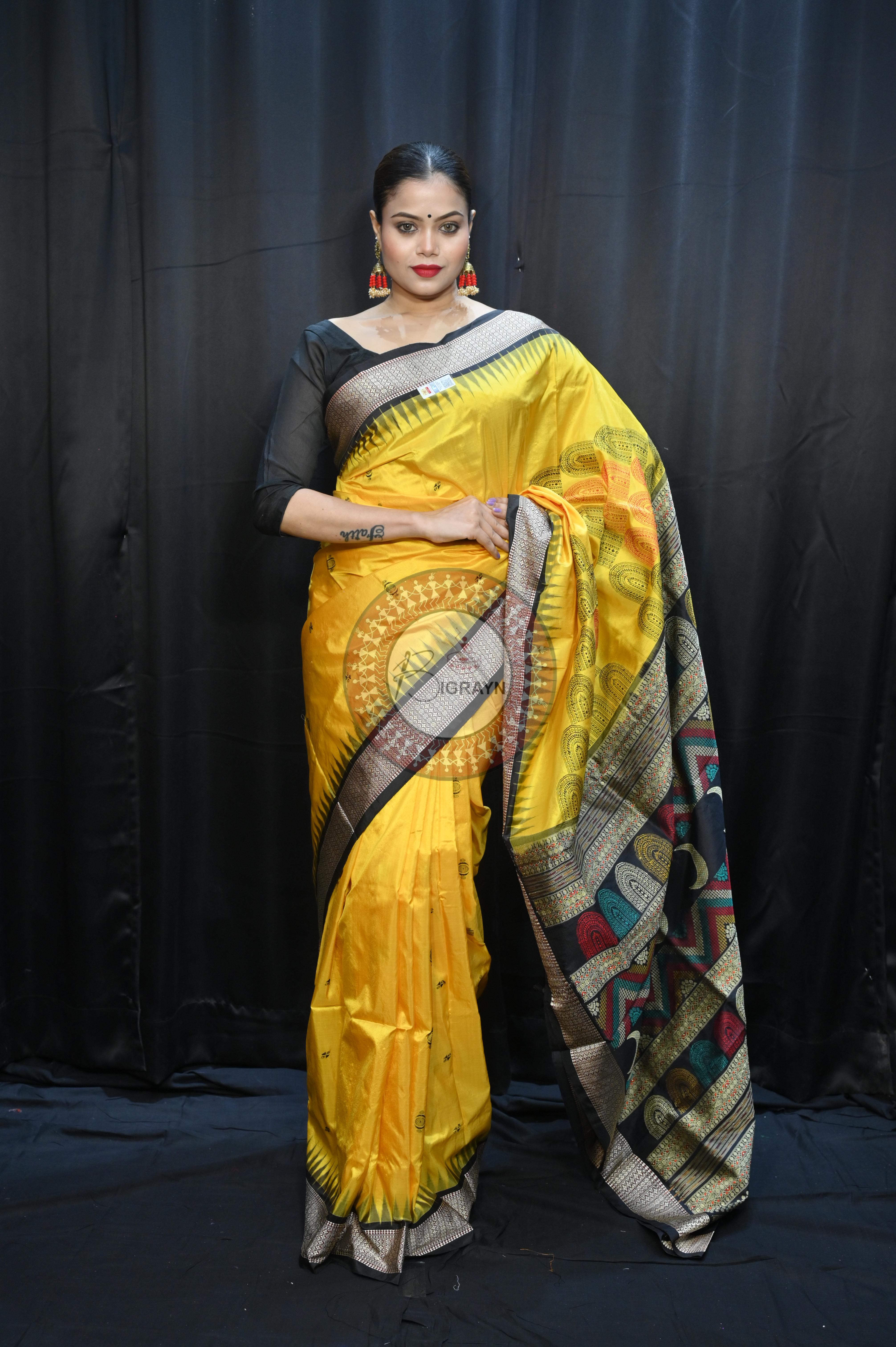 Yellow Black Chandrama Exclusive Sambalpuri Silk Saree