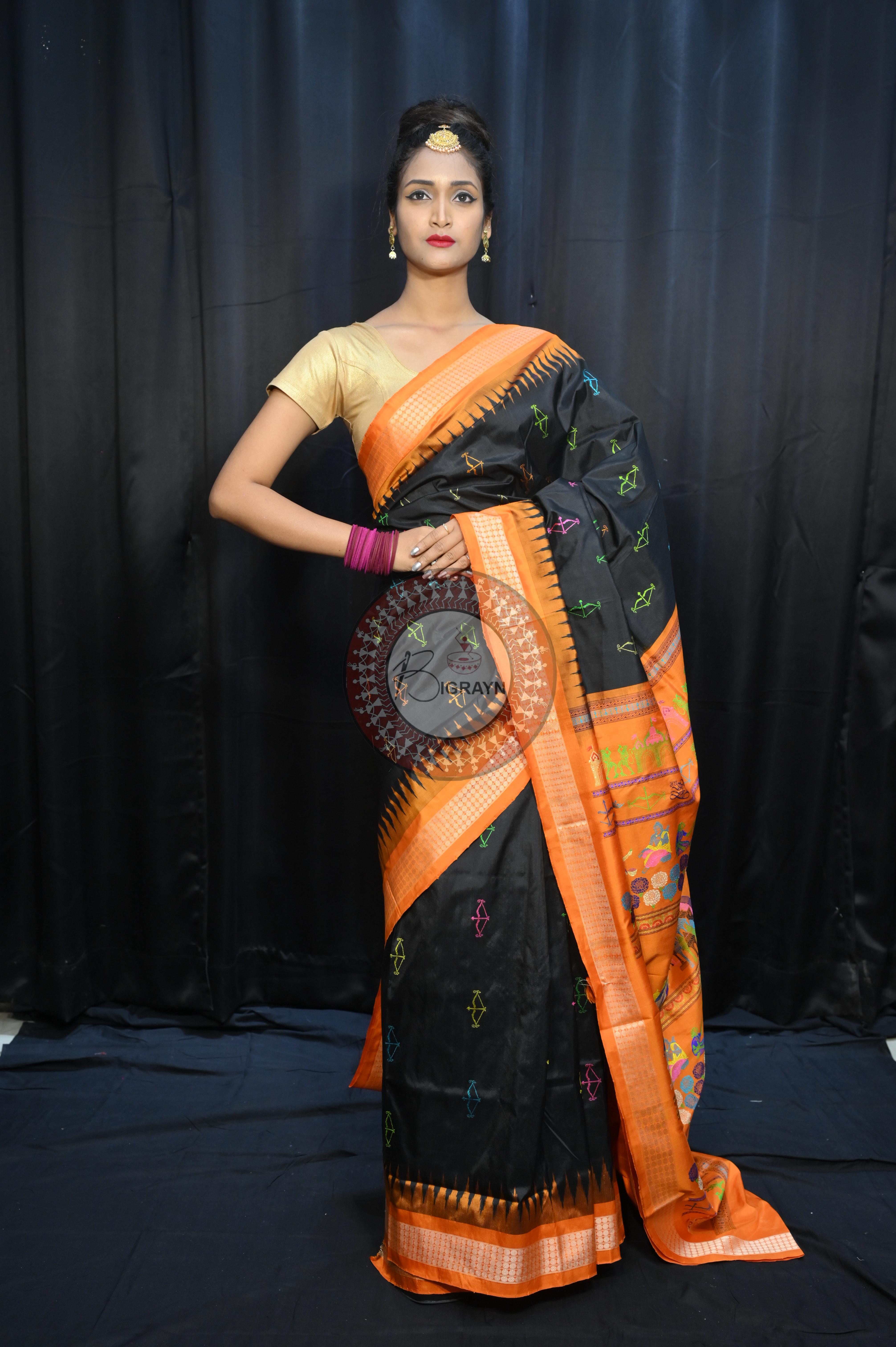 Black Orange Sri Ram Exclusive Sambalpuri Silk Saree
