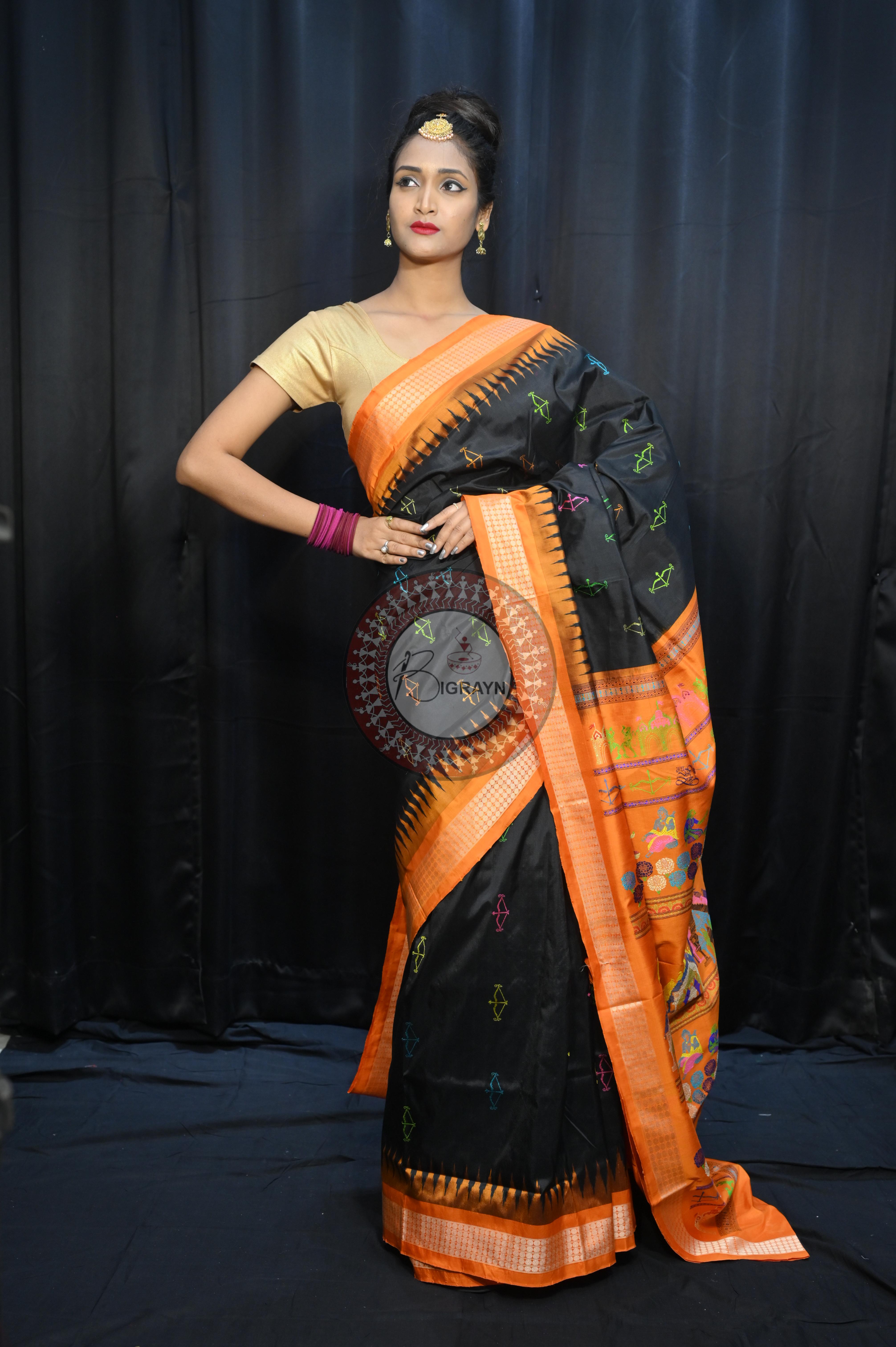 Black Orange Sri Ram Exclusive Sambalpuri Silk Saree