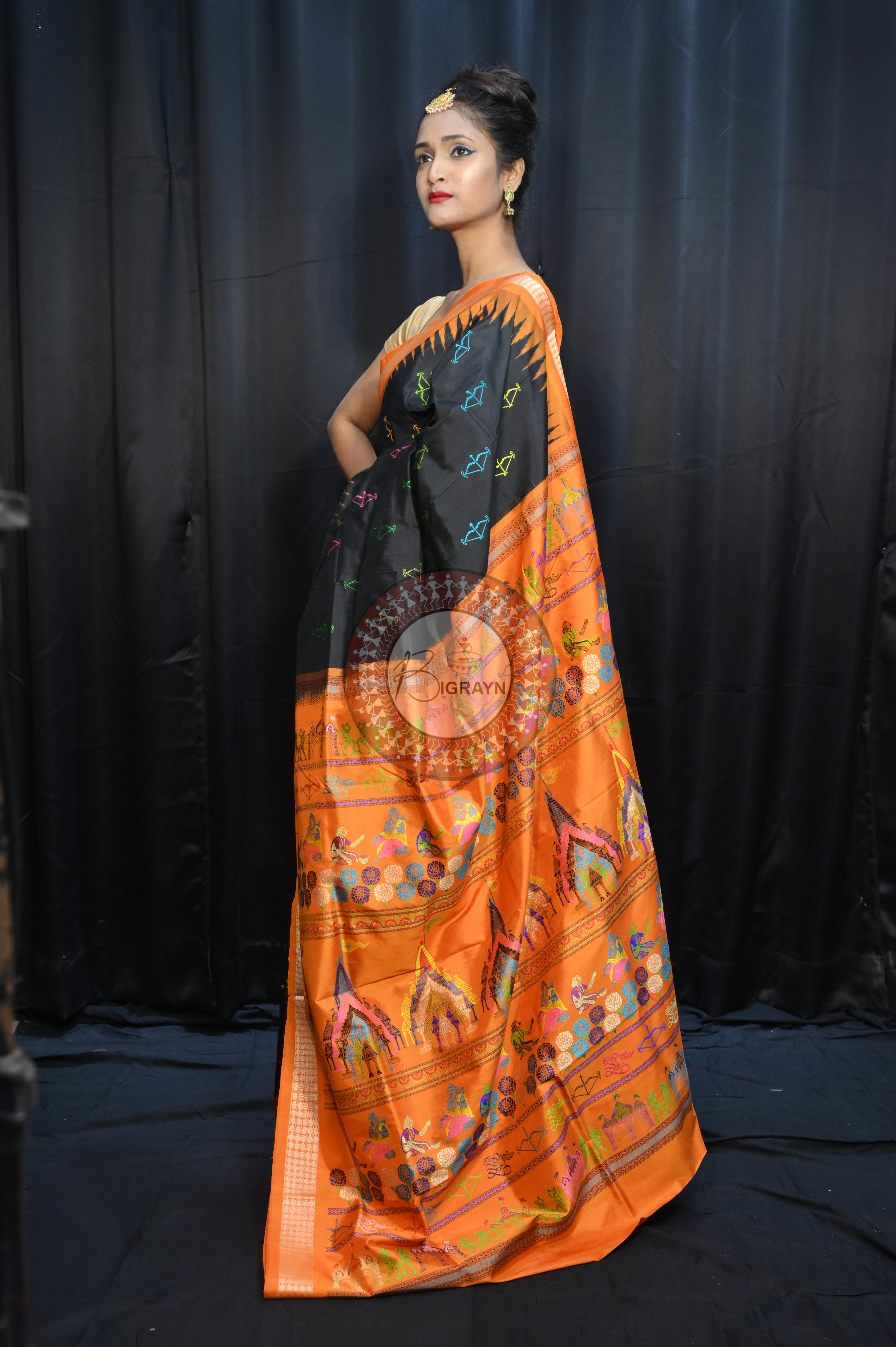 Black Orange Sri Ram Exclusive Sambalpuri Silk Saree