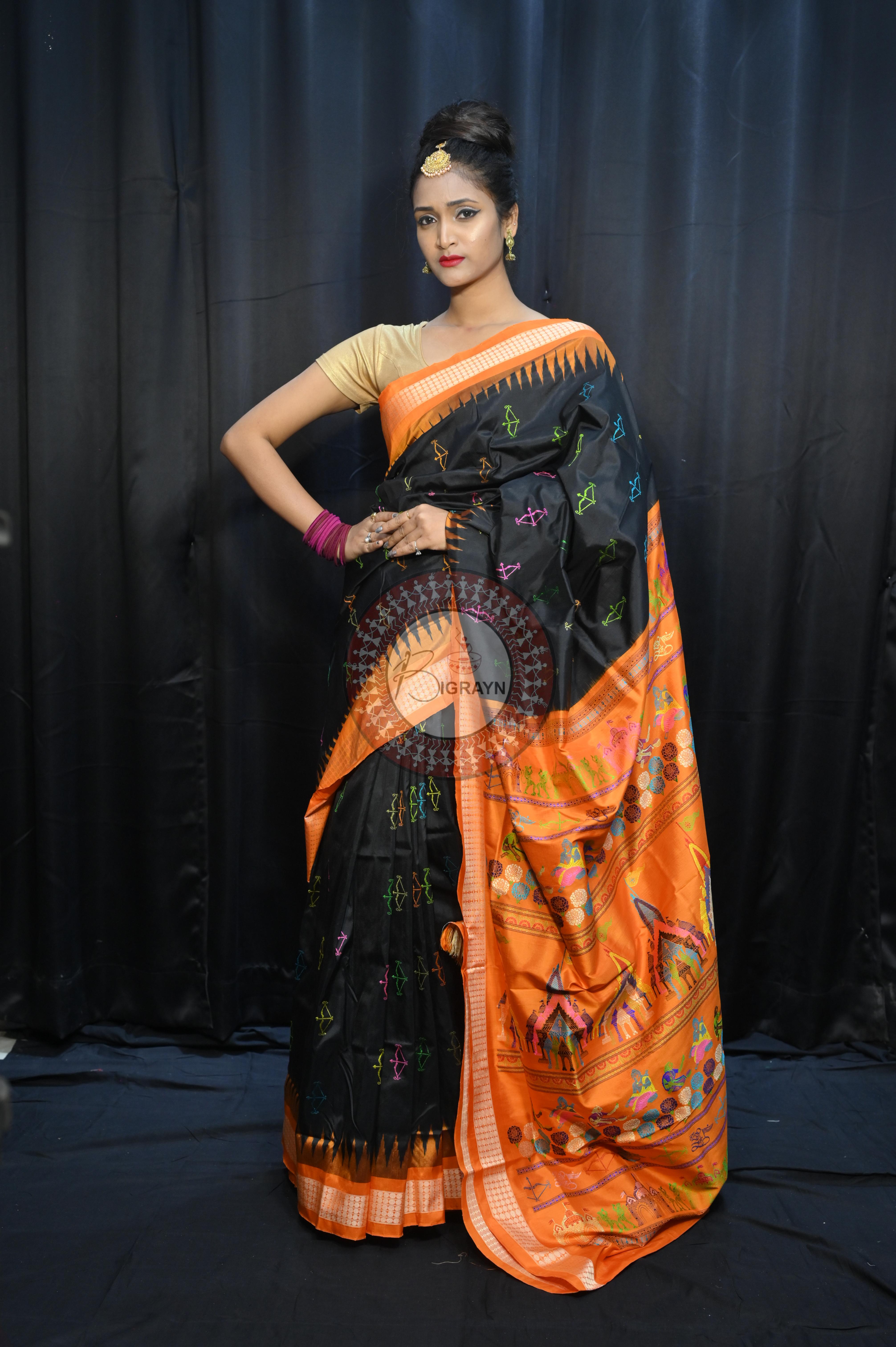 Black Orange Sri Ram Exclusive Sambalpuri Silk Saree
